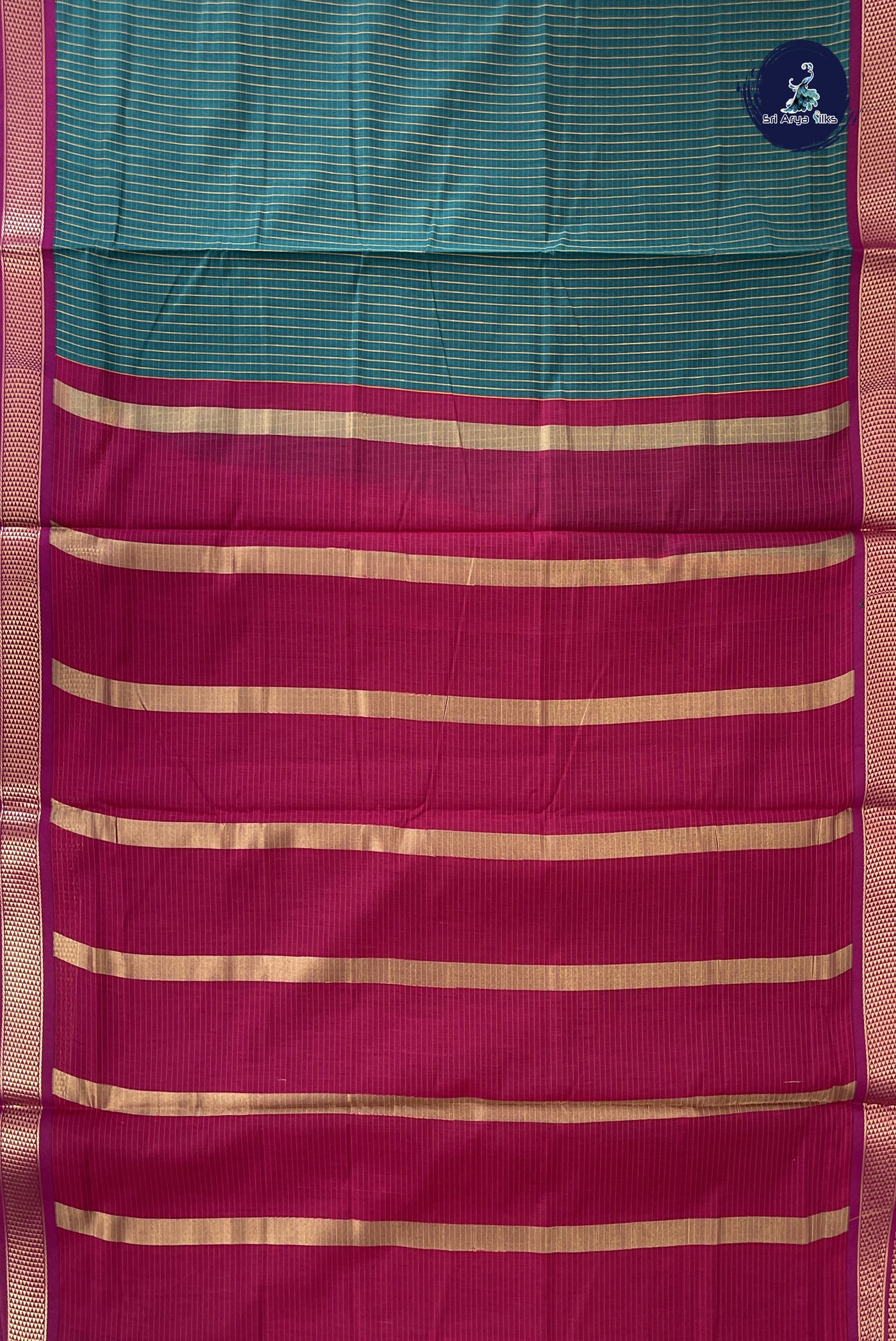 Sapphire Green Madisar Semi Silk Cotton Saree With Checked Pattern