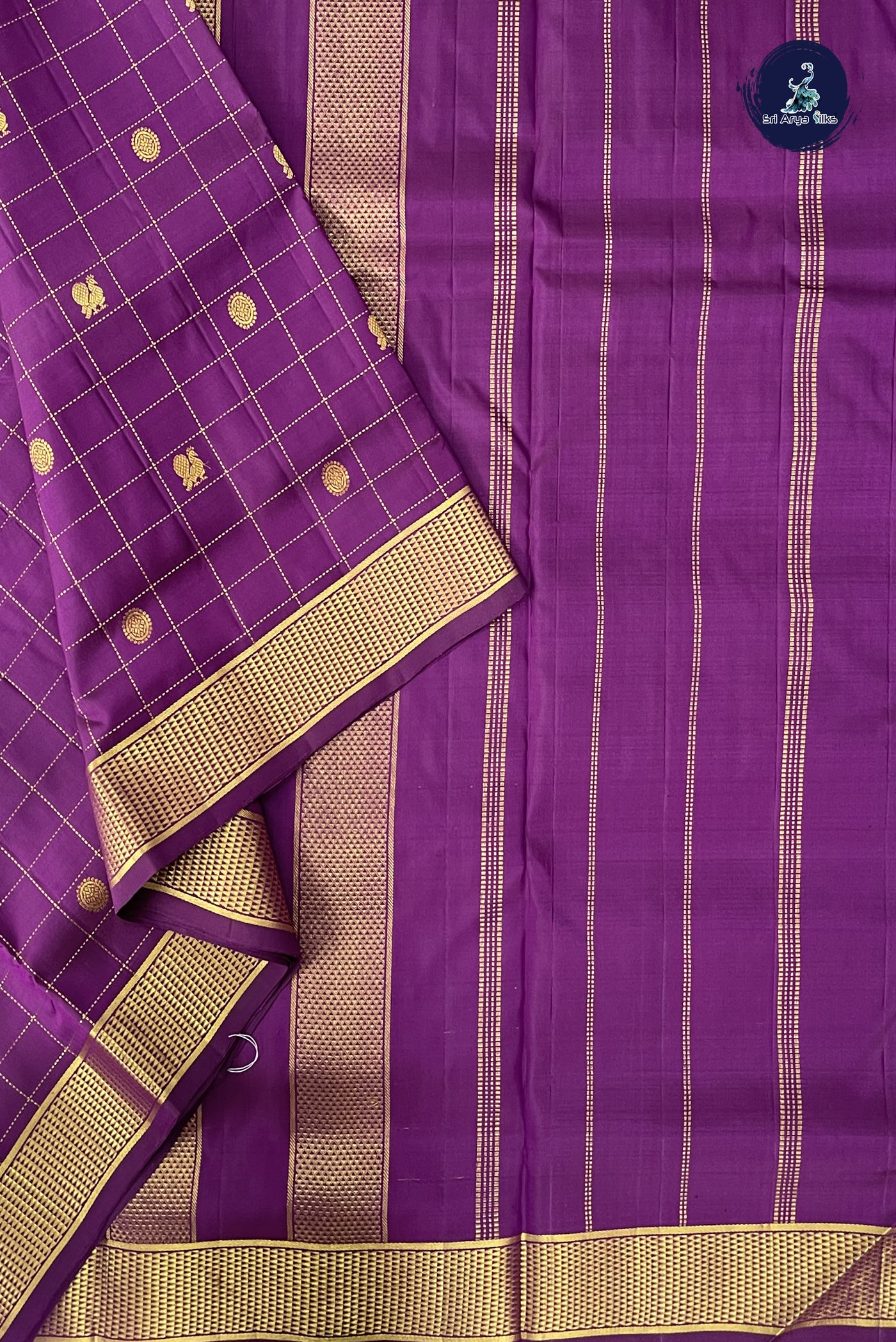 Dark Brinjal Madisar 10 Yards Silk Saree With Zari Checked Pattern