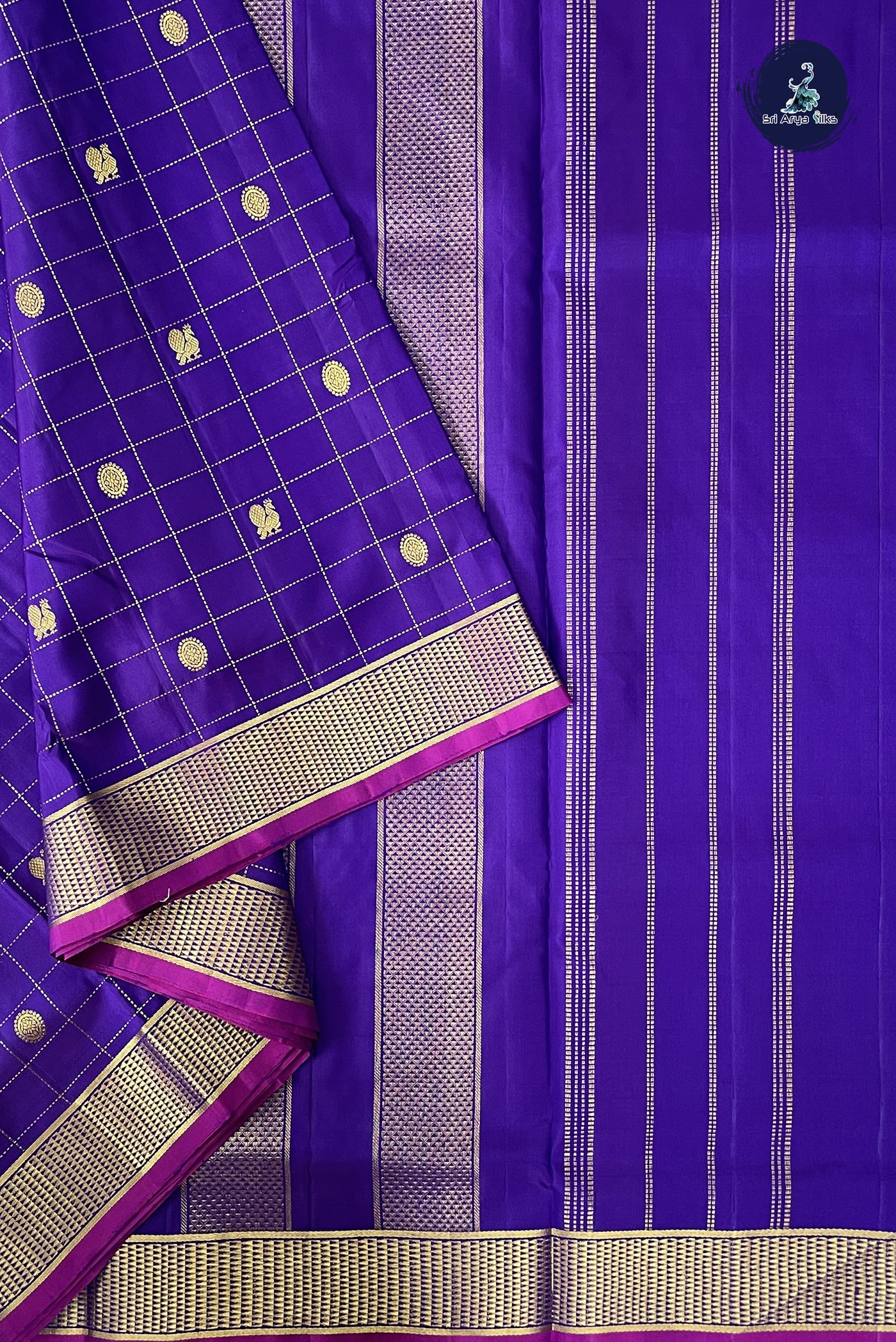 Dual Tone Violet Madisar 10 Yards Silk Saree With Zari Checked Pattern