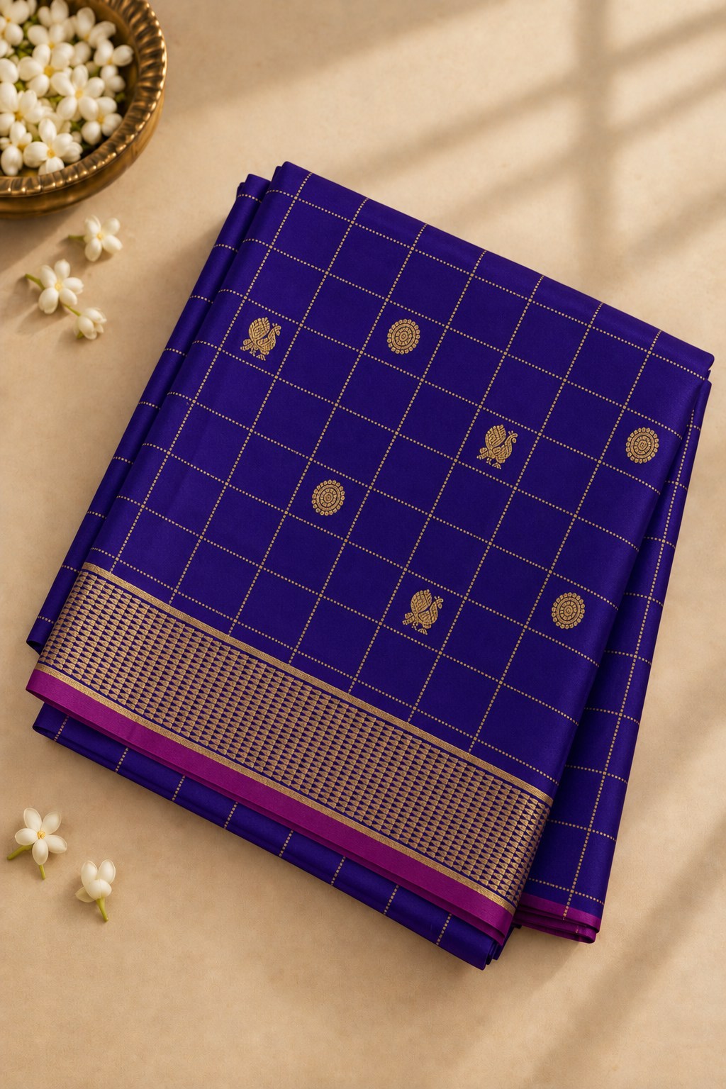 Dual Tone Violet Madisar 10 Yards Silk Saree With Zari Checked Pattern