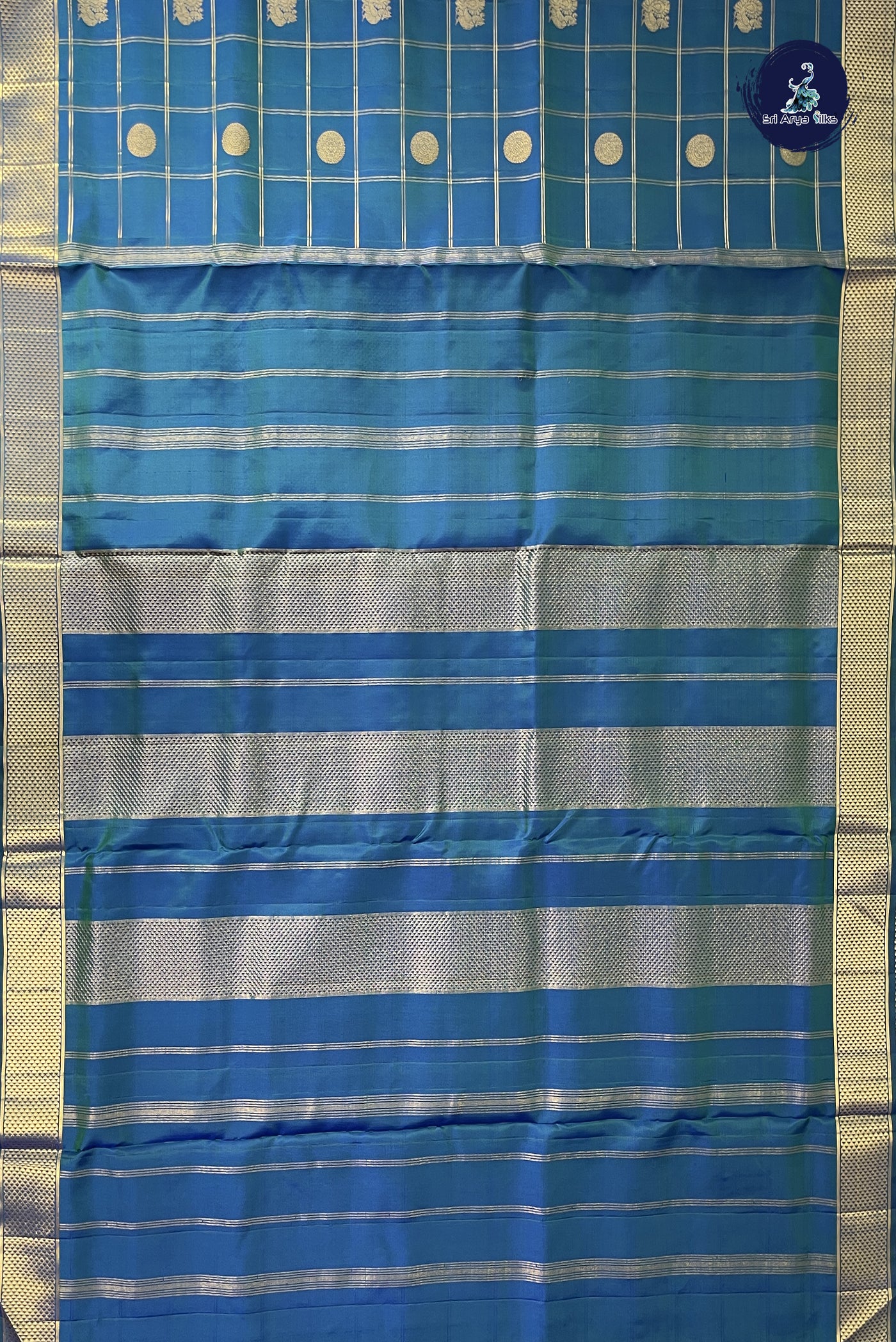 Peacock Blue Madisar 10 Yards Silk Saree With Zari Checked Pattern
