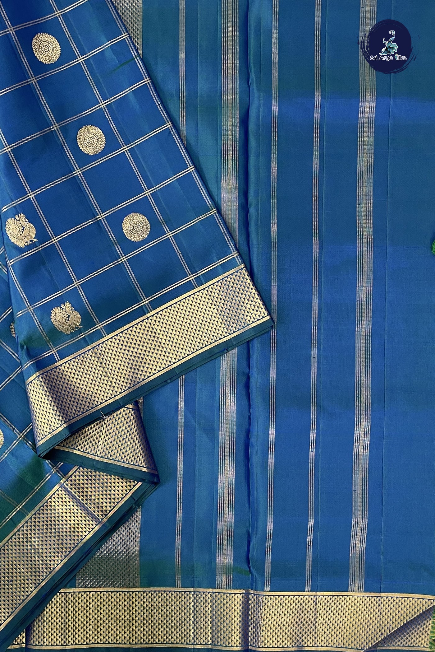 Peacock Blue Madisar 10 Yards Silk Saree With Zari Checked Pattern