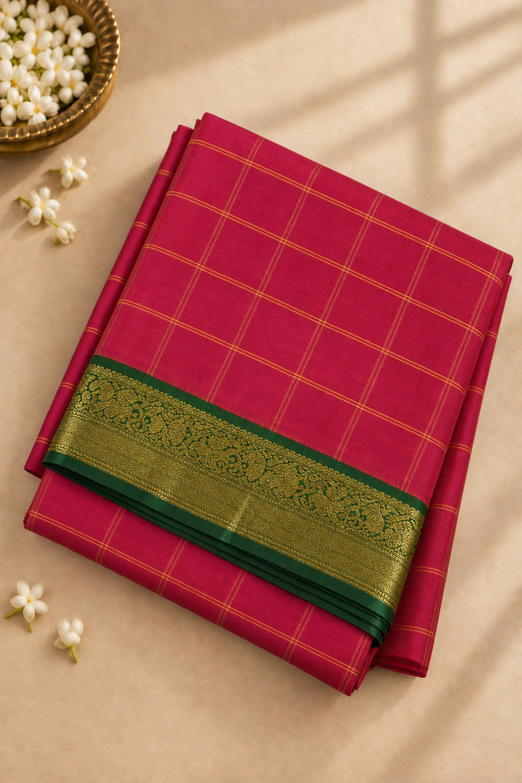 Pinkish Orange Madisar 10 Yards Silk Saree With Zari Checked Pattern