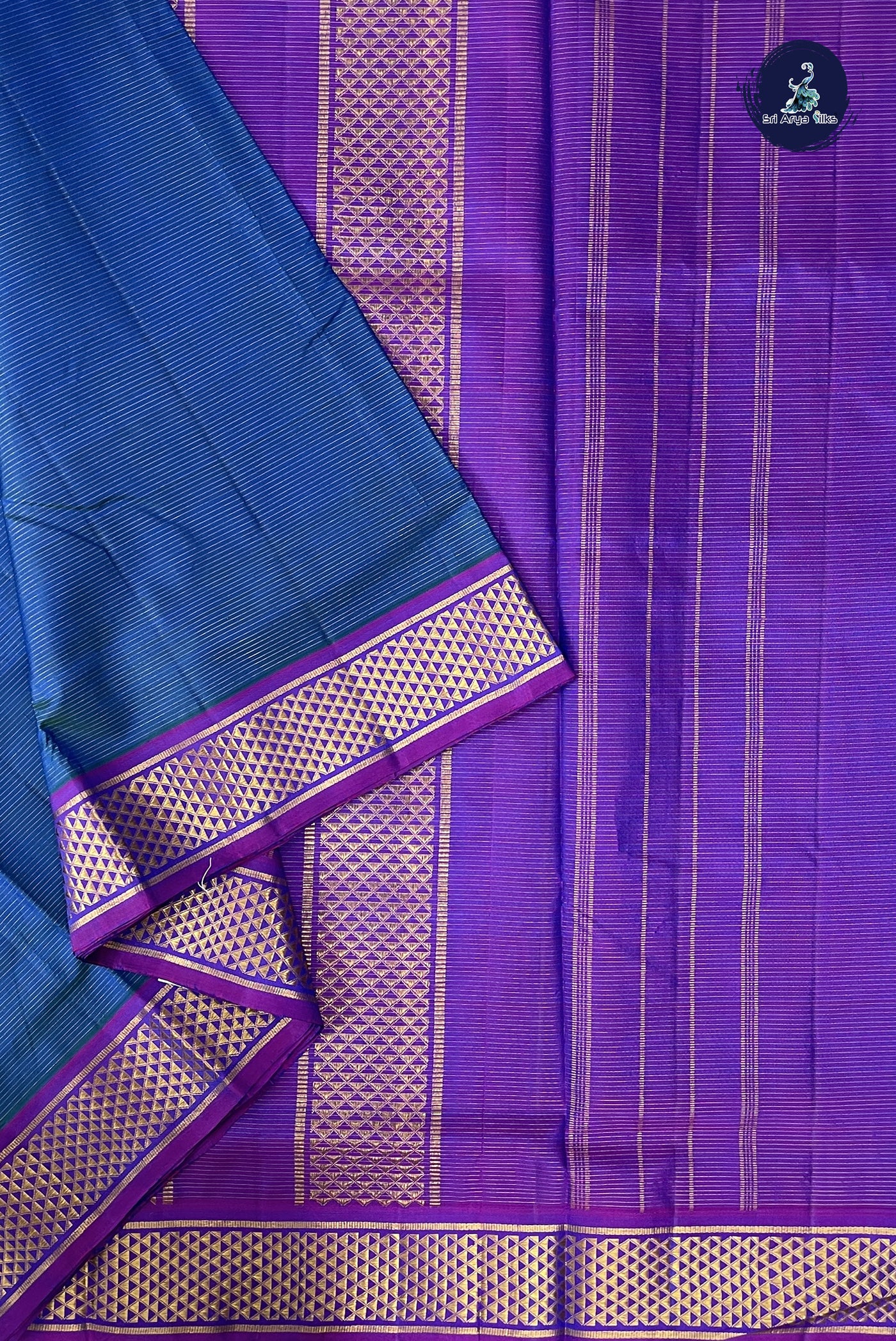 Peacock Blue Madisar 10 Yards Silk Saree With Vaira Oosi Pattern