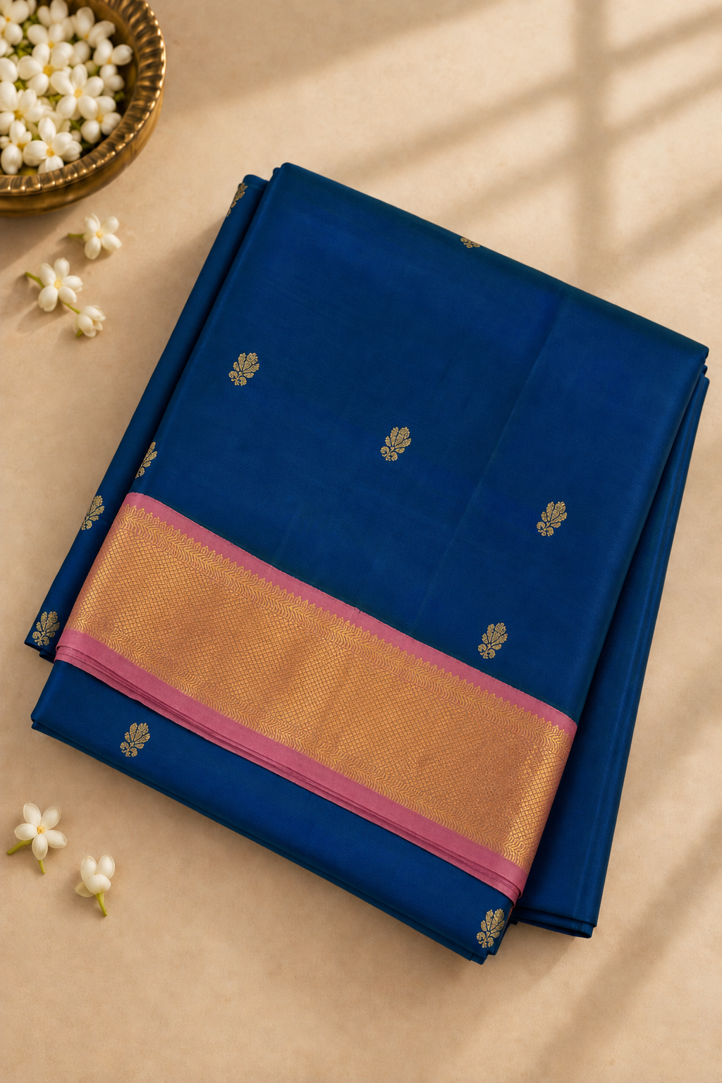 Peacock Blue Madisar 10 Yards Silk Saree With Zari Buttas Pattern