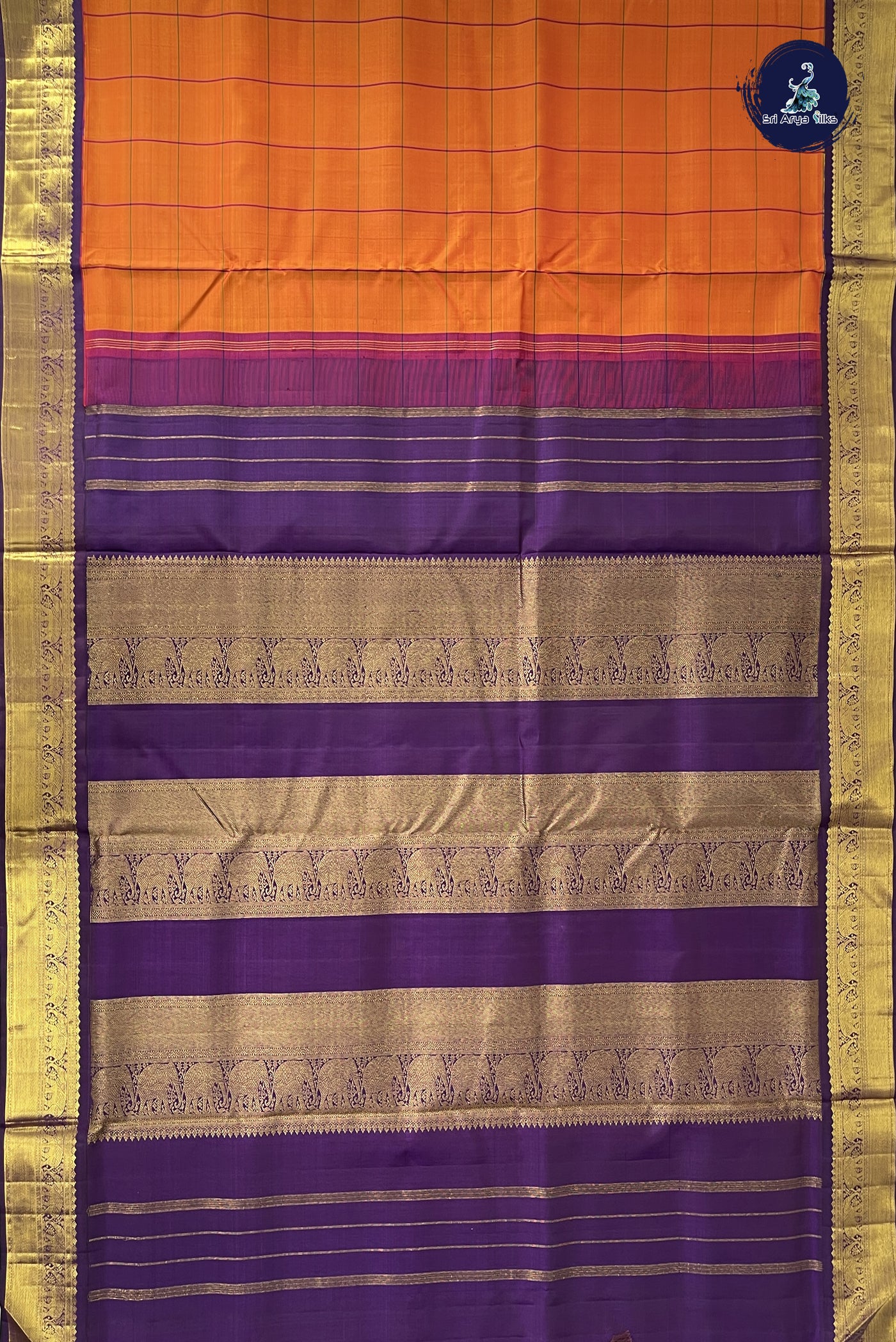 Lite Mustard Orange Madisar 10 Yards Silk Saree With Checked Pattern