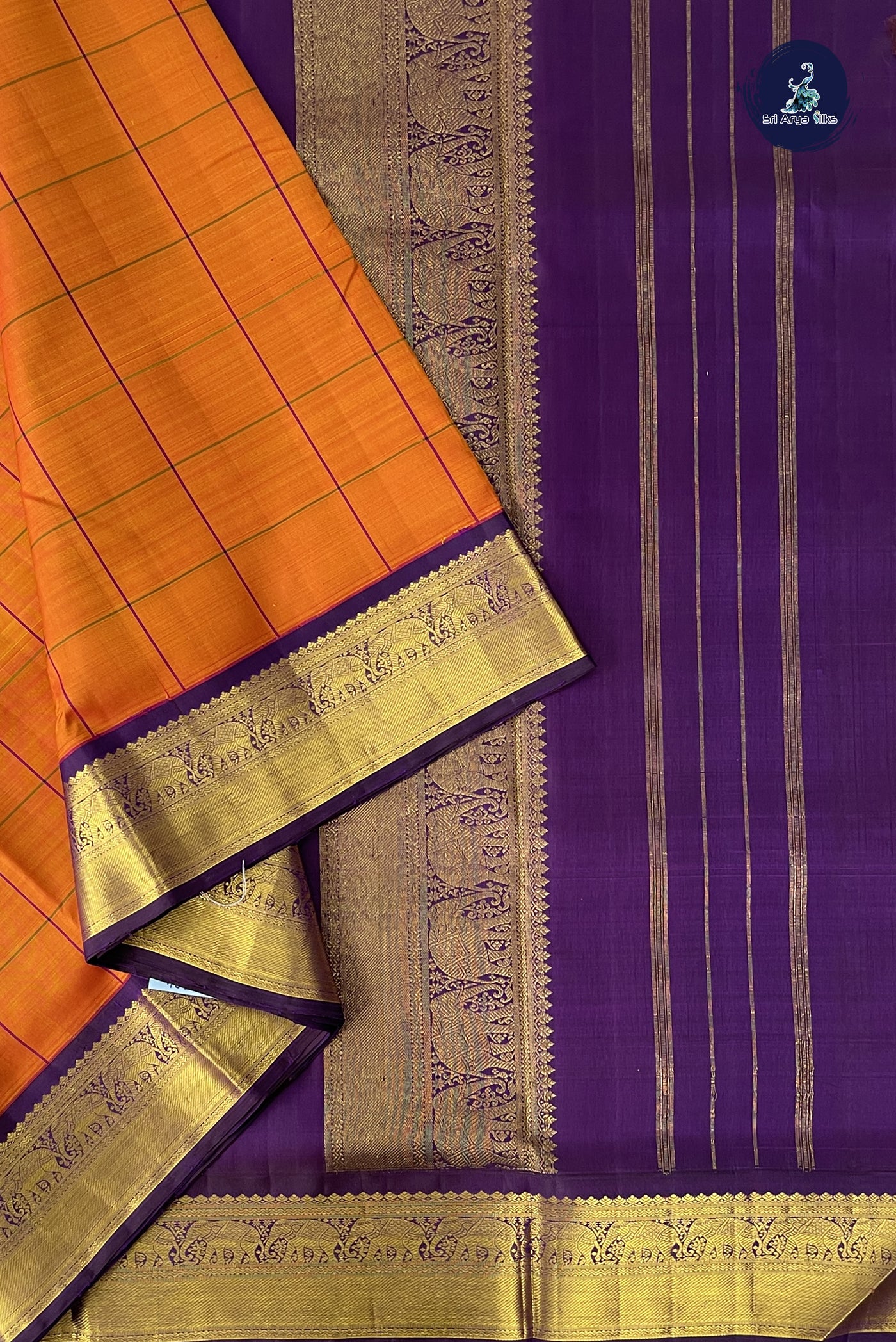 Lite Mustard Orange Madisar 10 Yards Silk Saree With Checked Pattern