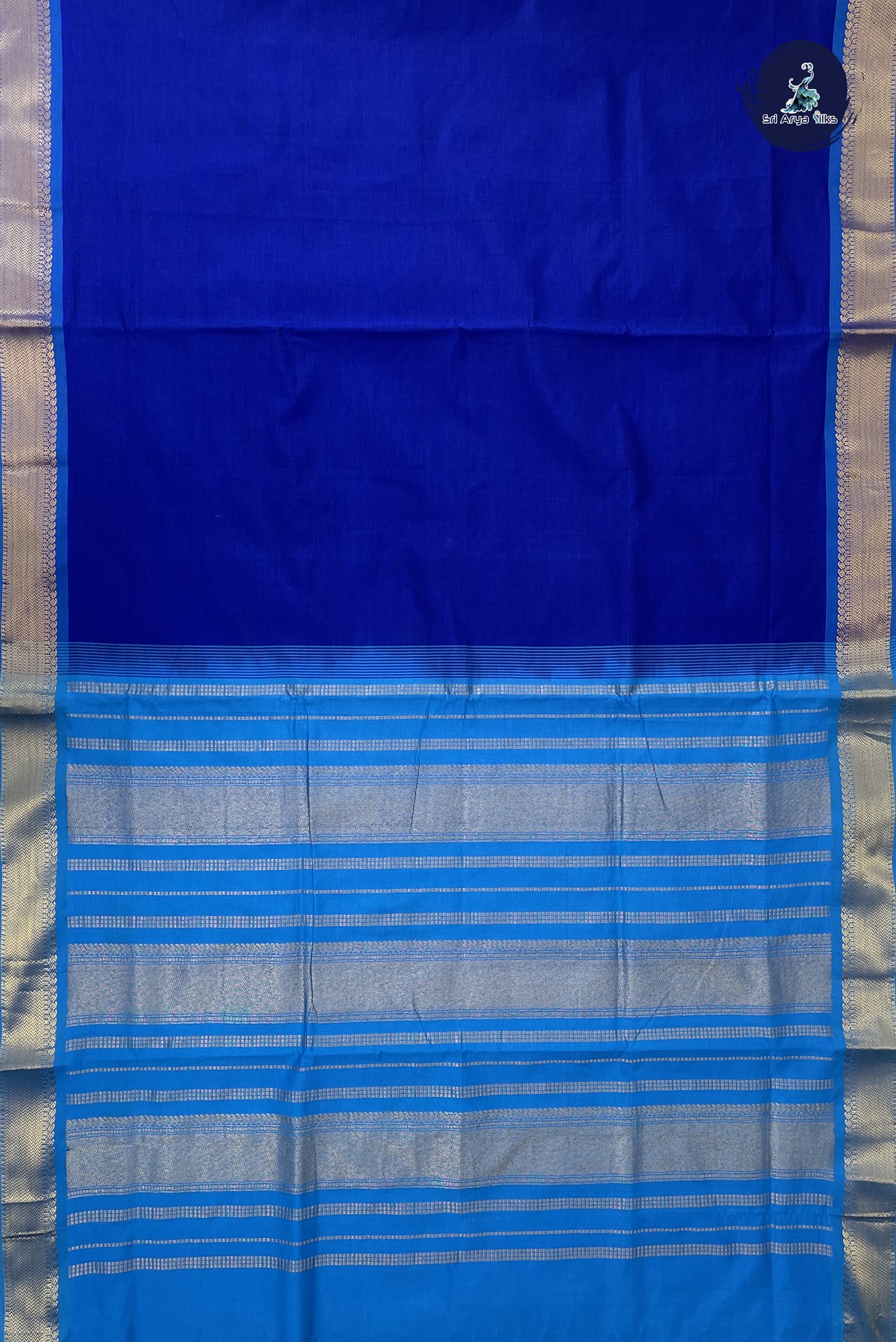 Dark Blue Madisar Semi Silk Cotton Saree With Plain Pattern