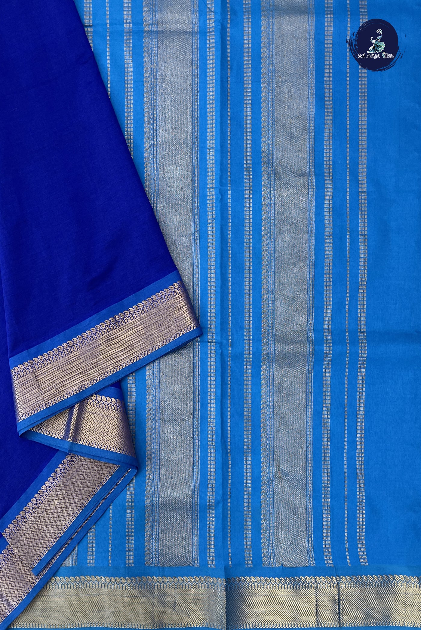 Dark Blue Madisar Semi Silk Cotton Saree With Plain Pattern
