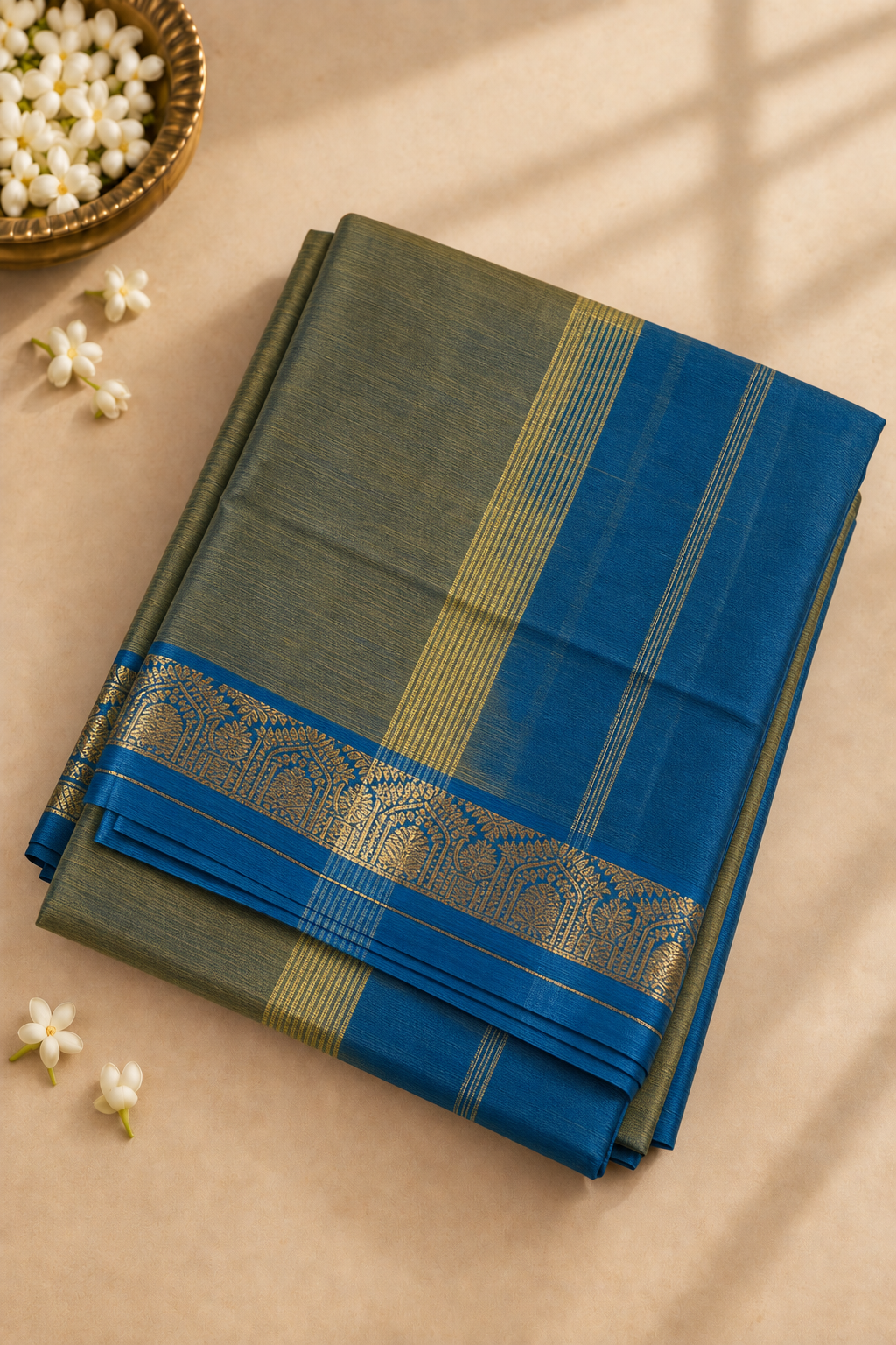 Dual Tone Blue 10 Yards Silk Cotton Saree With Plain Pattern