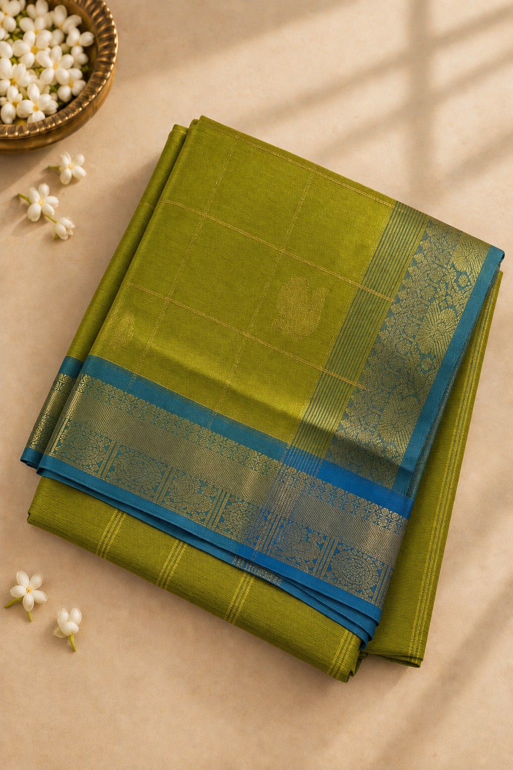 Mehendi Green 10 Yards Silk Cotton Saree With Zari Checked Pattern