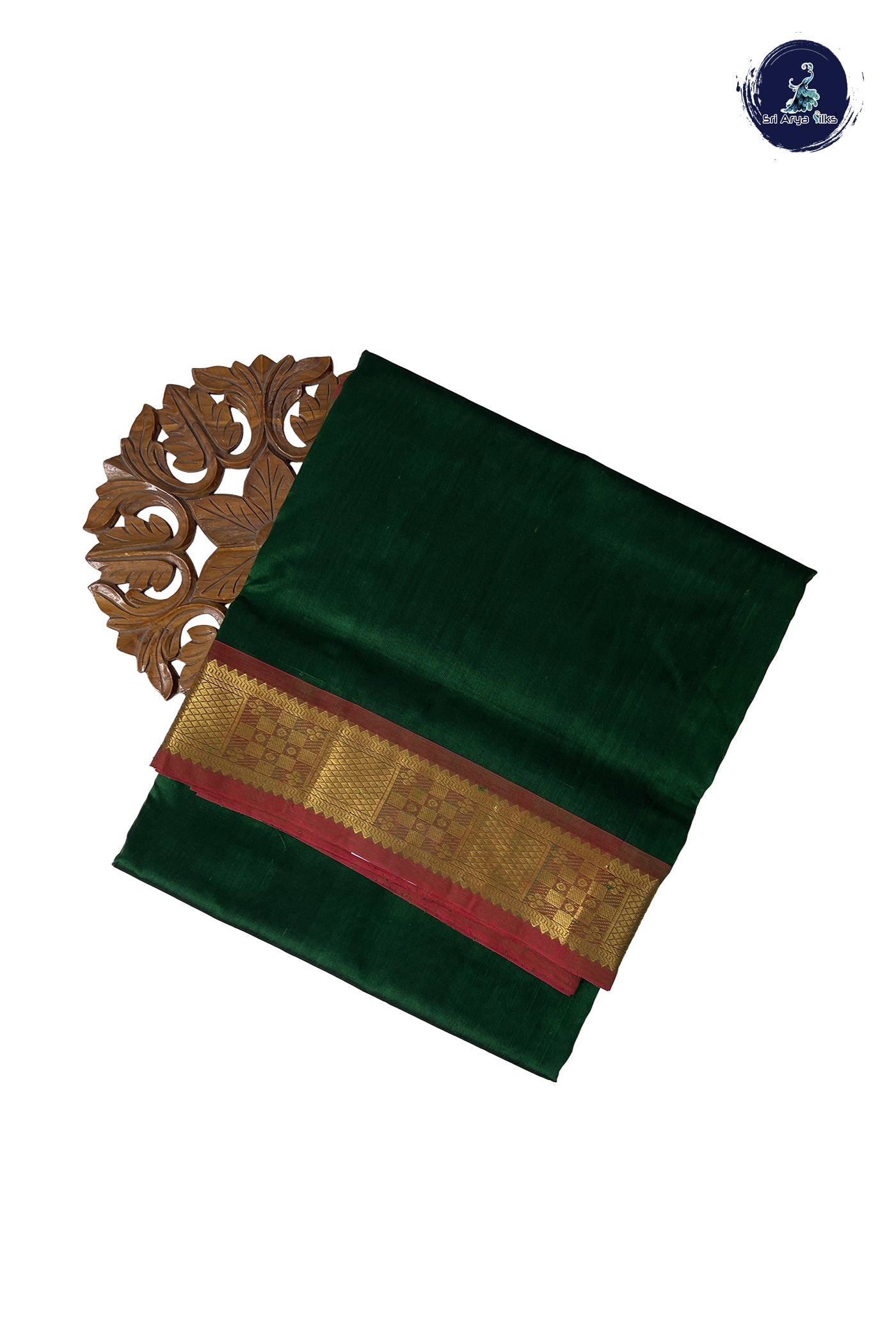 Bottle Green 10 Yards Silk Cotton Saree With Plain Pattern