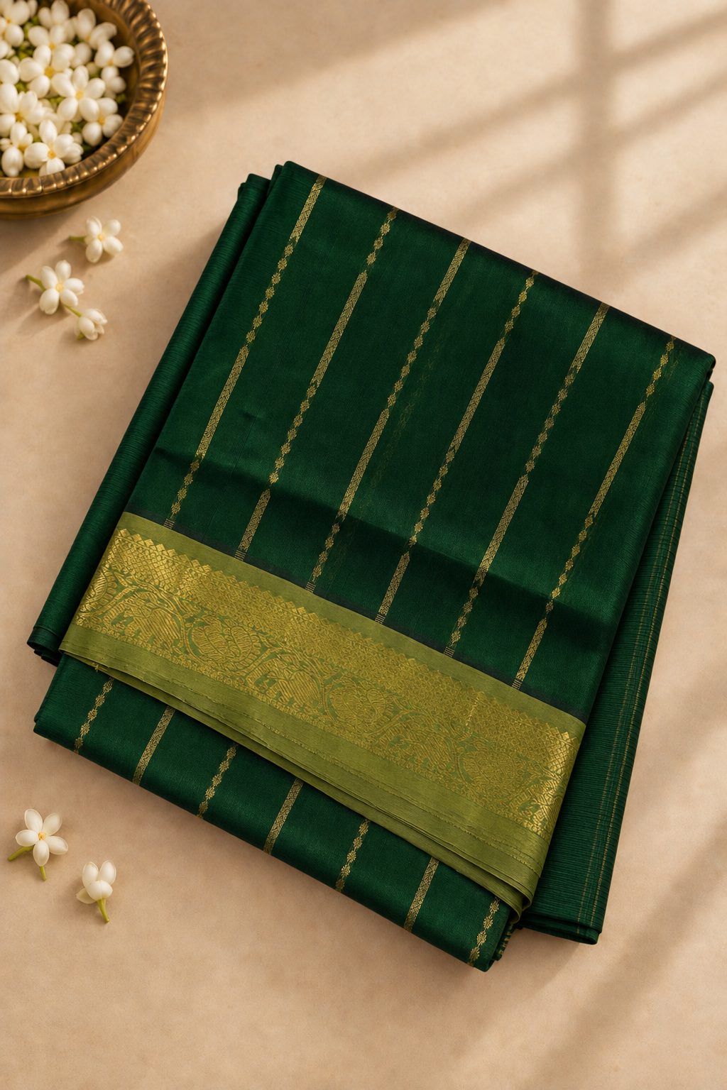 Dark Green 10 Yards Silk Cotton Saree With Stripes Pattern