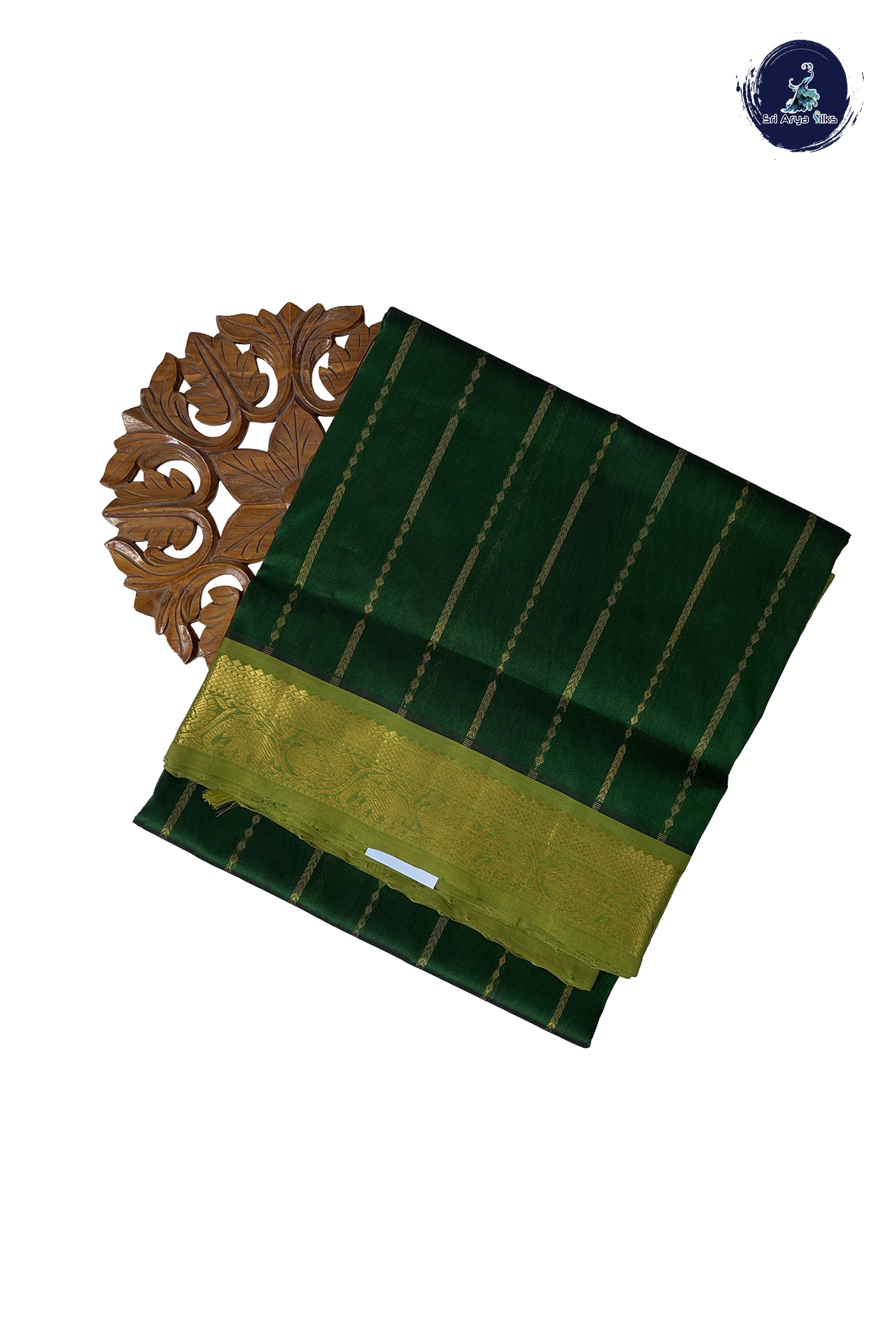 Dark Green 10 Yards Silk Cotton Saree With Stripes Pattern