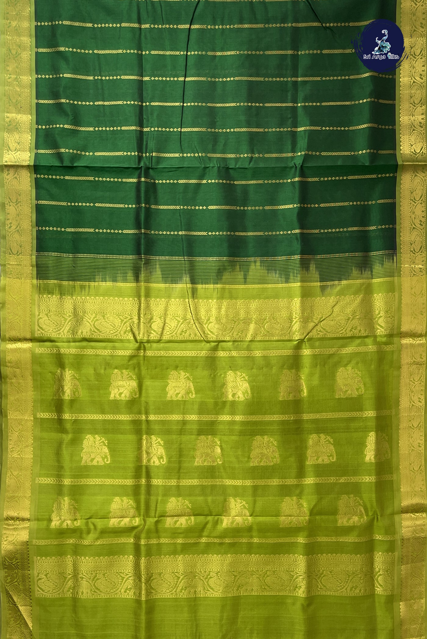 Dark Green 10 Yards Silk Cotton Saree With Stripes Pattern