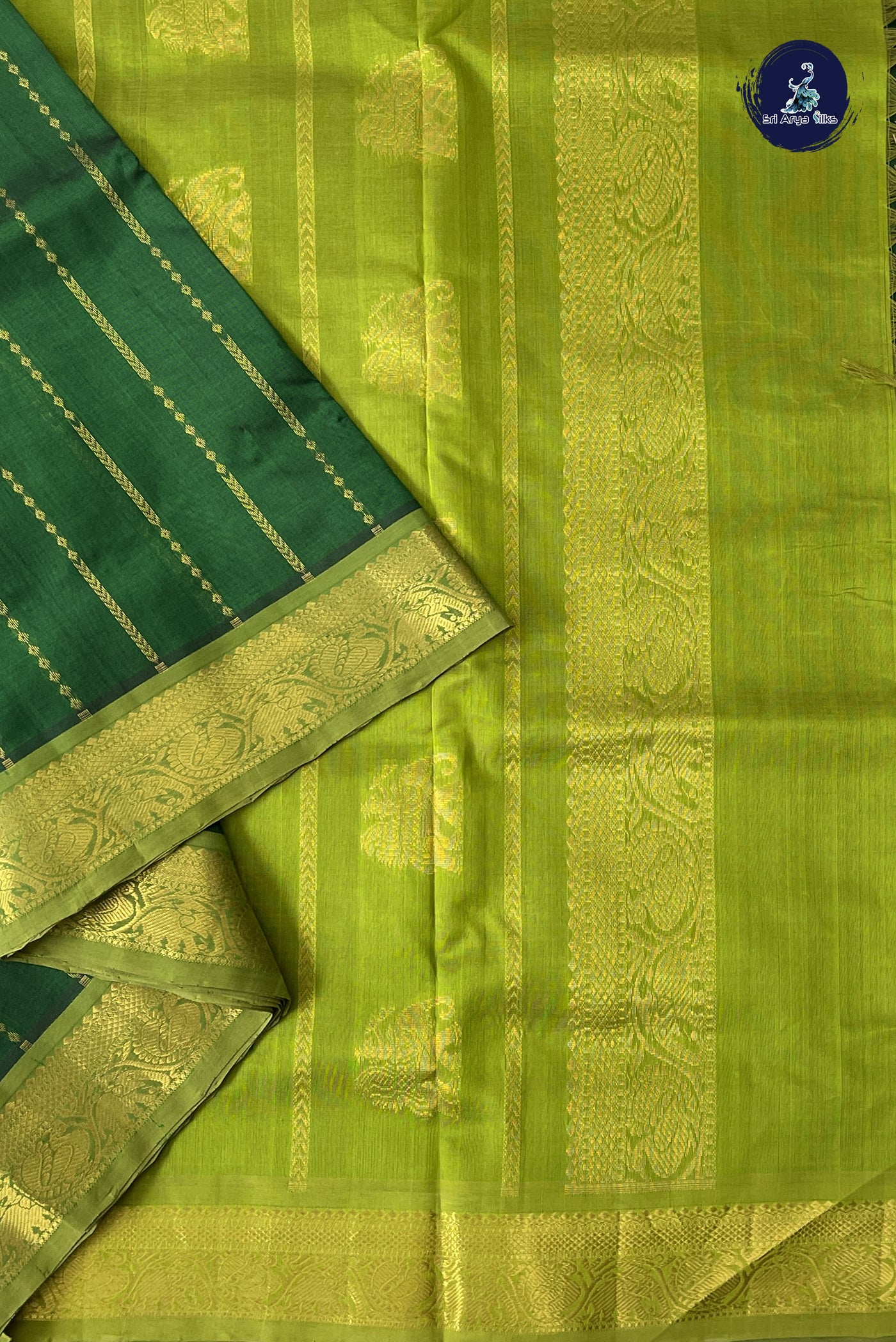 Dark Green 10 Yards Silk Cotton Saree With Stripes Pattern
