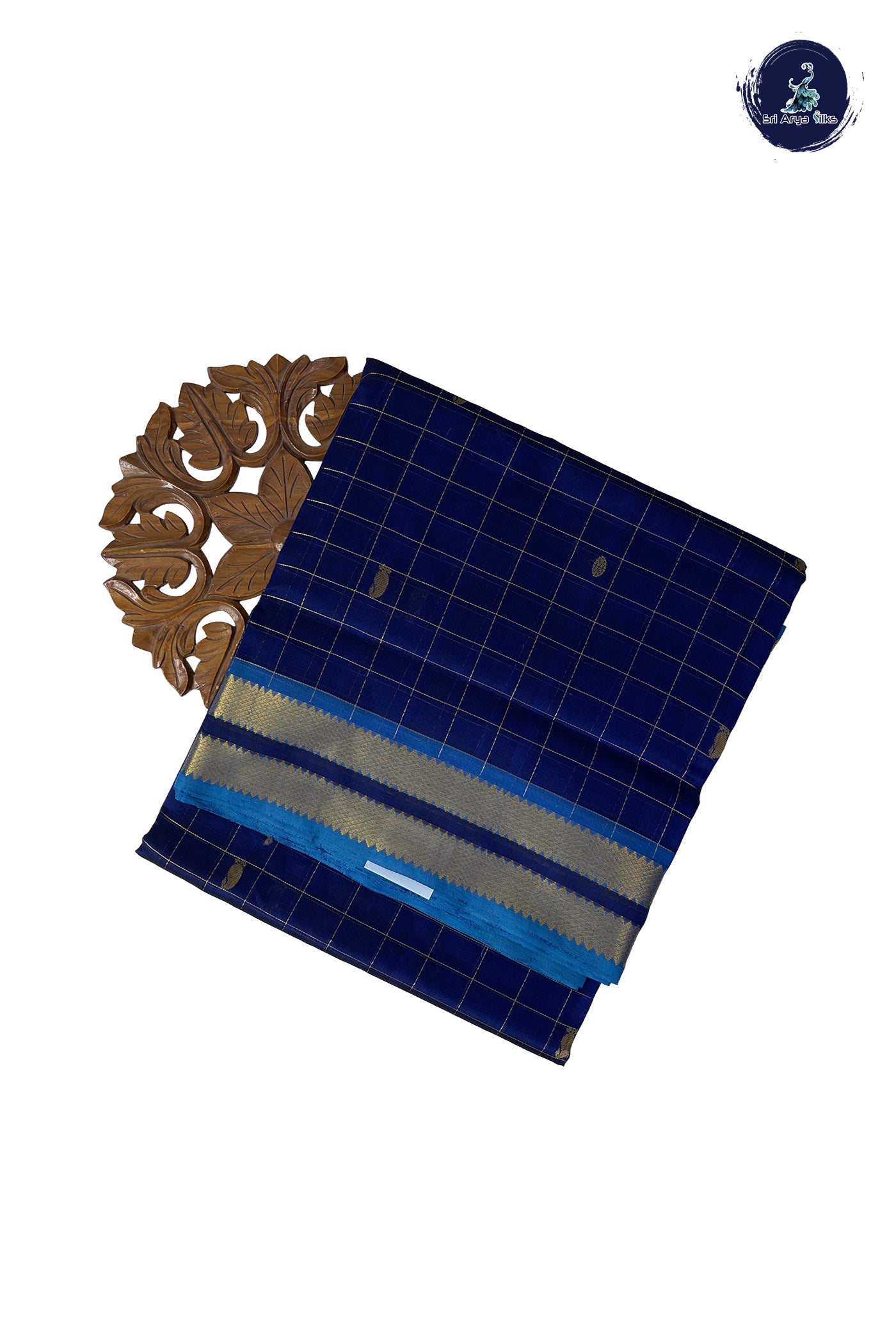 Dark Blue 10 Yards Silk Cotton Saree With Zari Checked Pattern