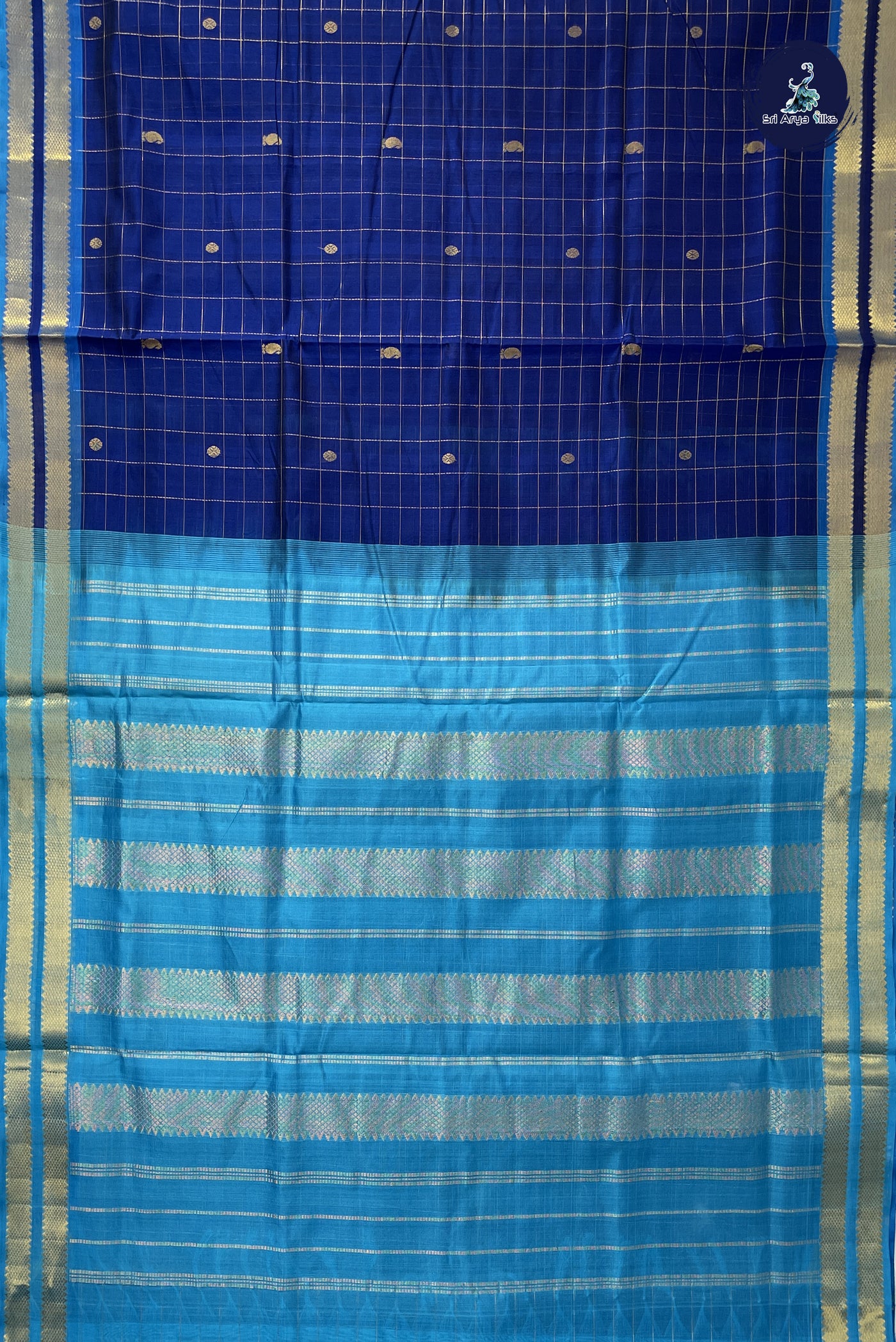 Dark Blue 10 Yards Silk Cotton Saree With Zari Checked Pattern