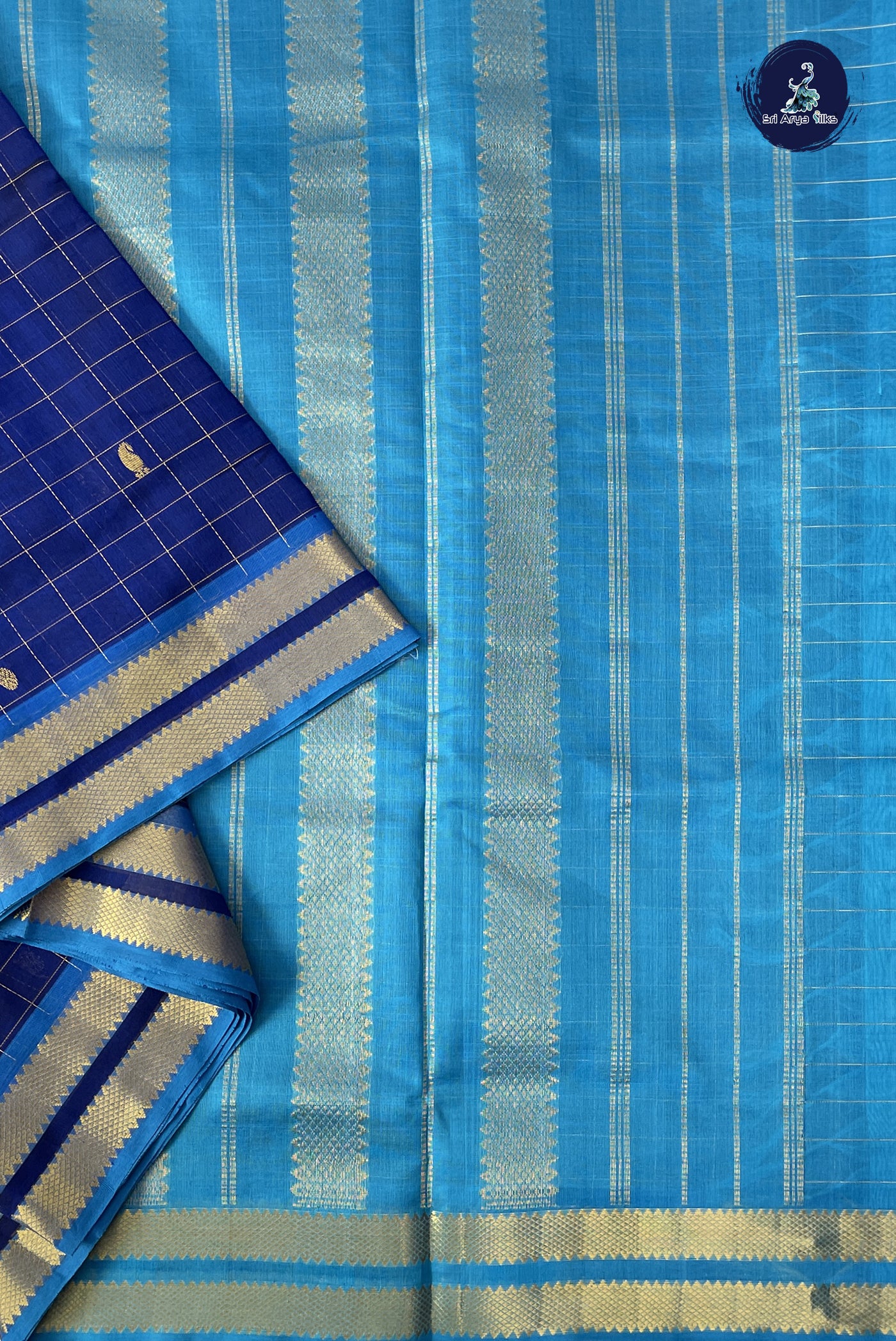 Dark Blue 10 Yards Silk Cotton Saree With Zari Checked Pattern