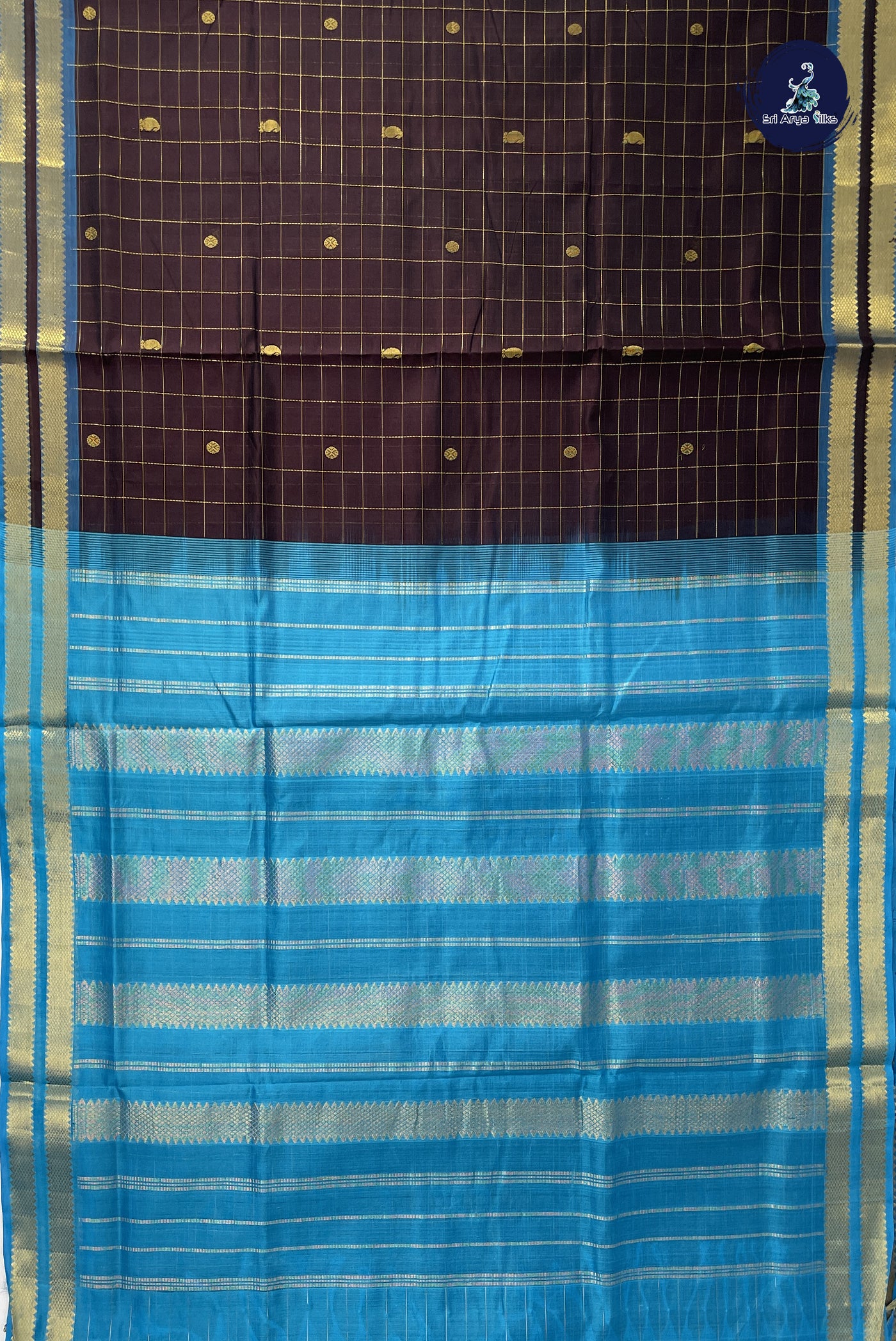 Coffee Brown 10 Yards Silk Cotton Saree With Zari Checked Pattern