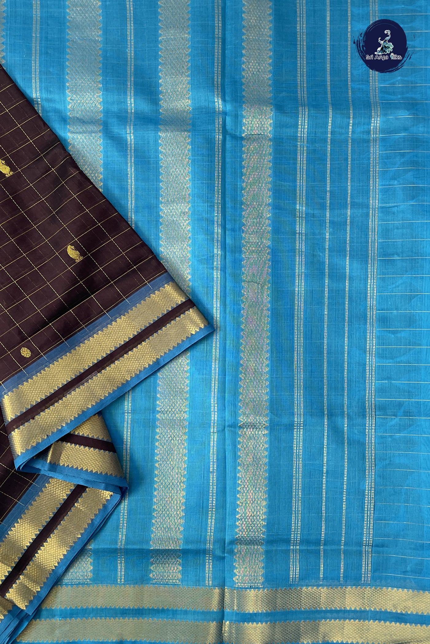 Coffee Brown 10 Yards Silk Cotton Saree With Zari Checked Pattern