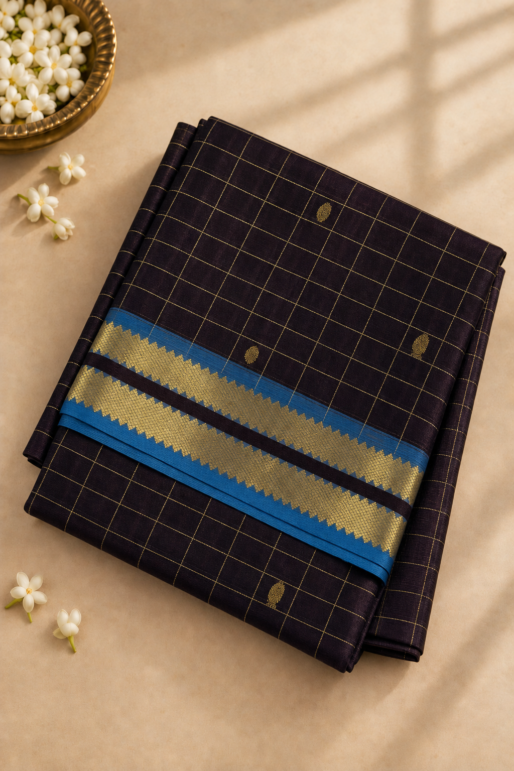 Coffee Brown 10 Yards Silk Cotton Saree With Zari Checked Pattern