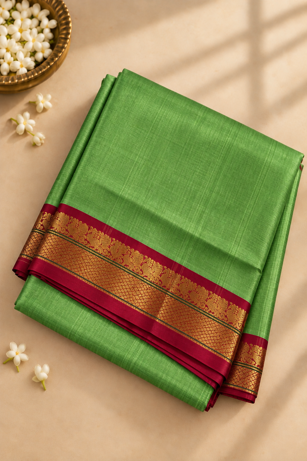 Green 10 Yards Silk Cotton Saree With Plain Pattern