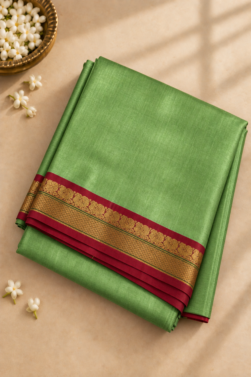 Green 10 Yards Silk Cotton Saree With Plain Pattern