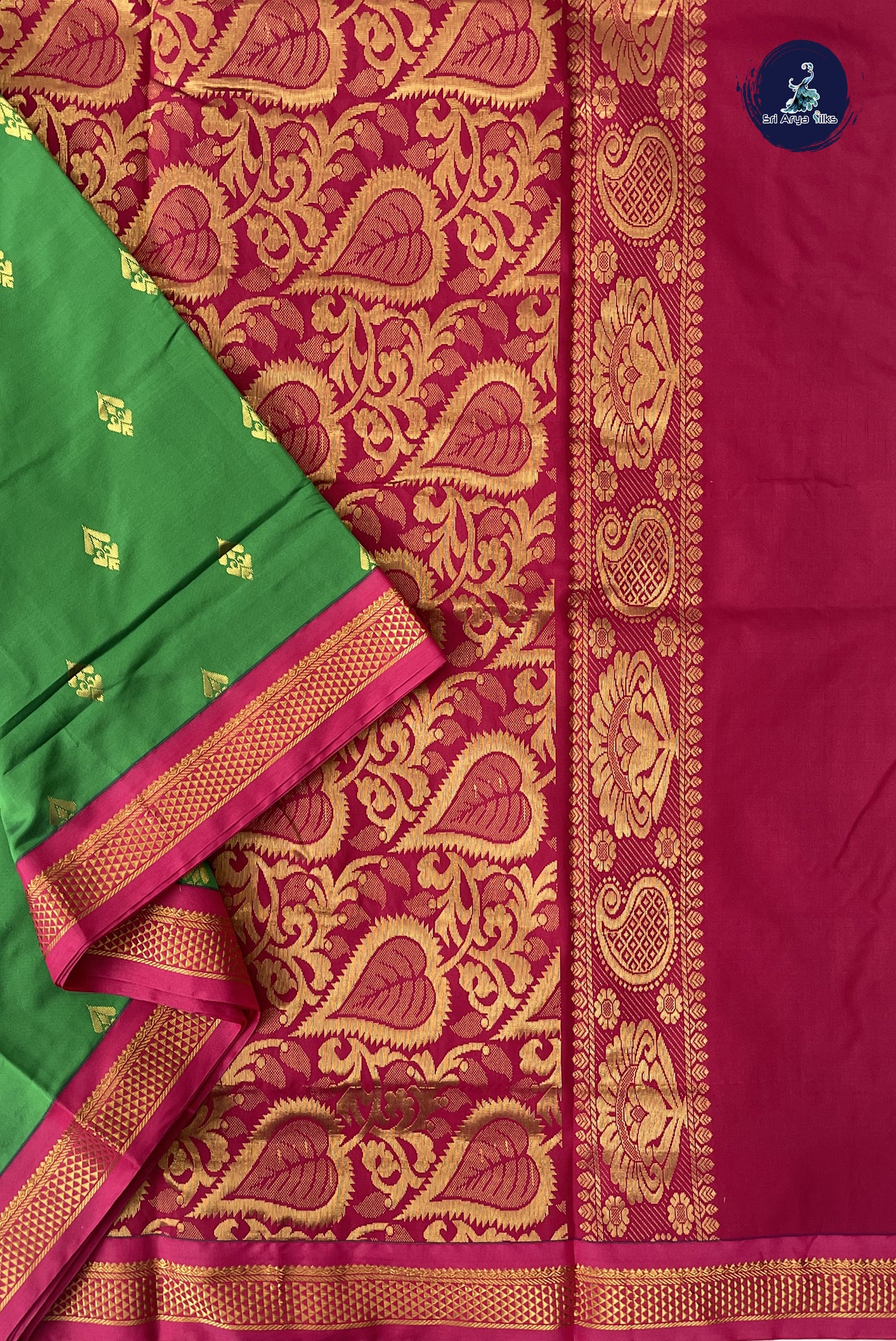 Parrot Green Madisar Semi Silk Saree With Zari Buttas Pattern