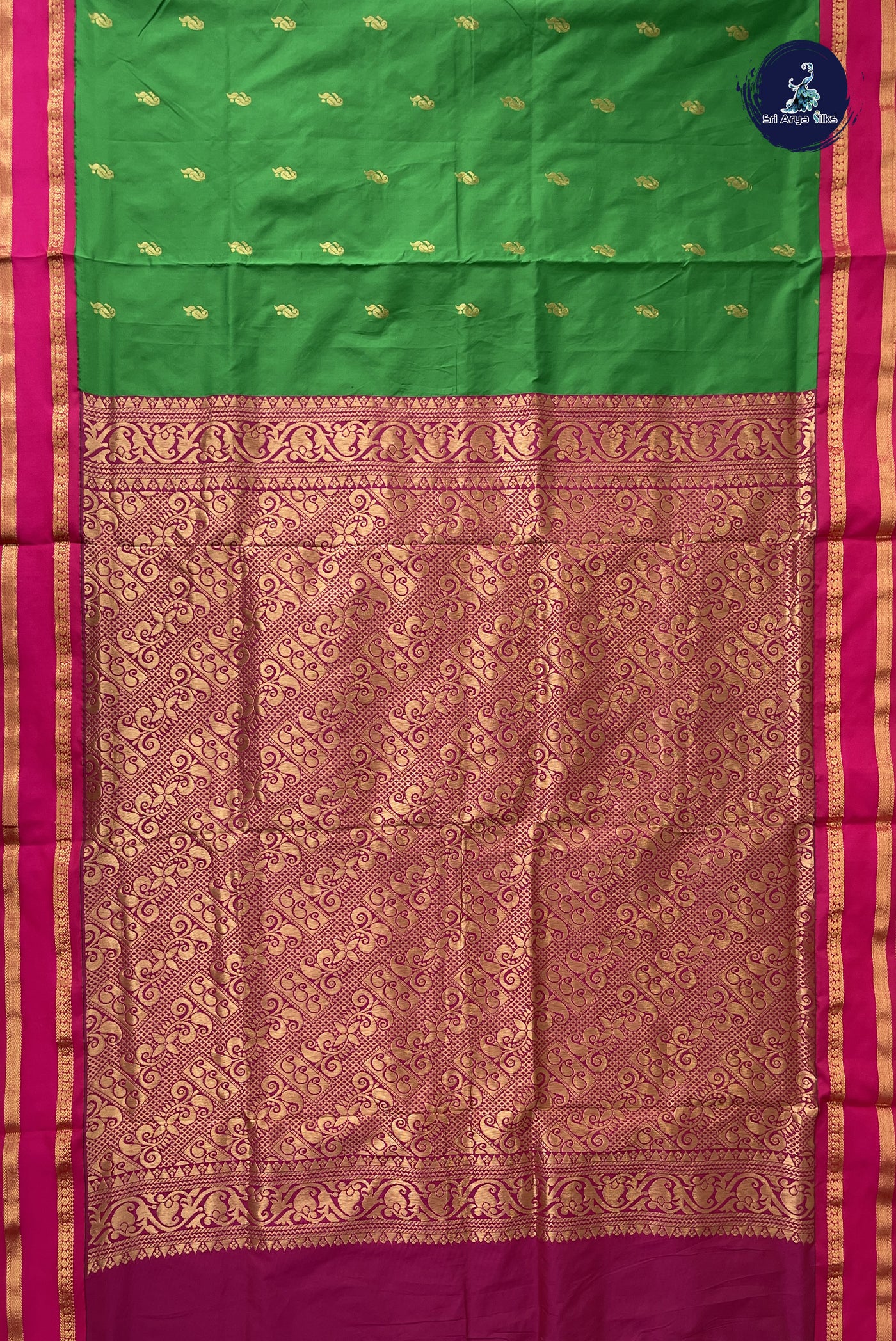 Parrot Green Madisar Semi Silk Saree With Zari Buttas Pattern