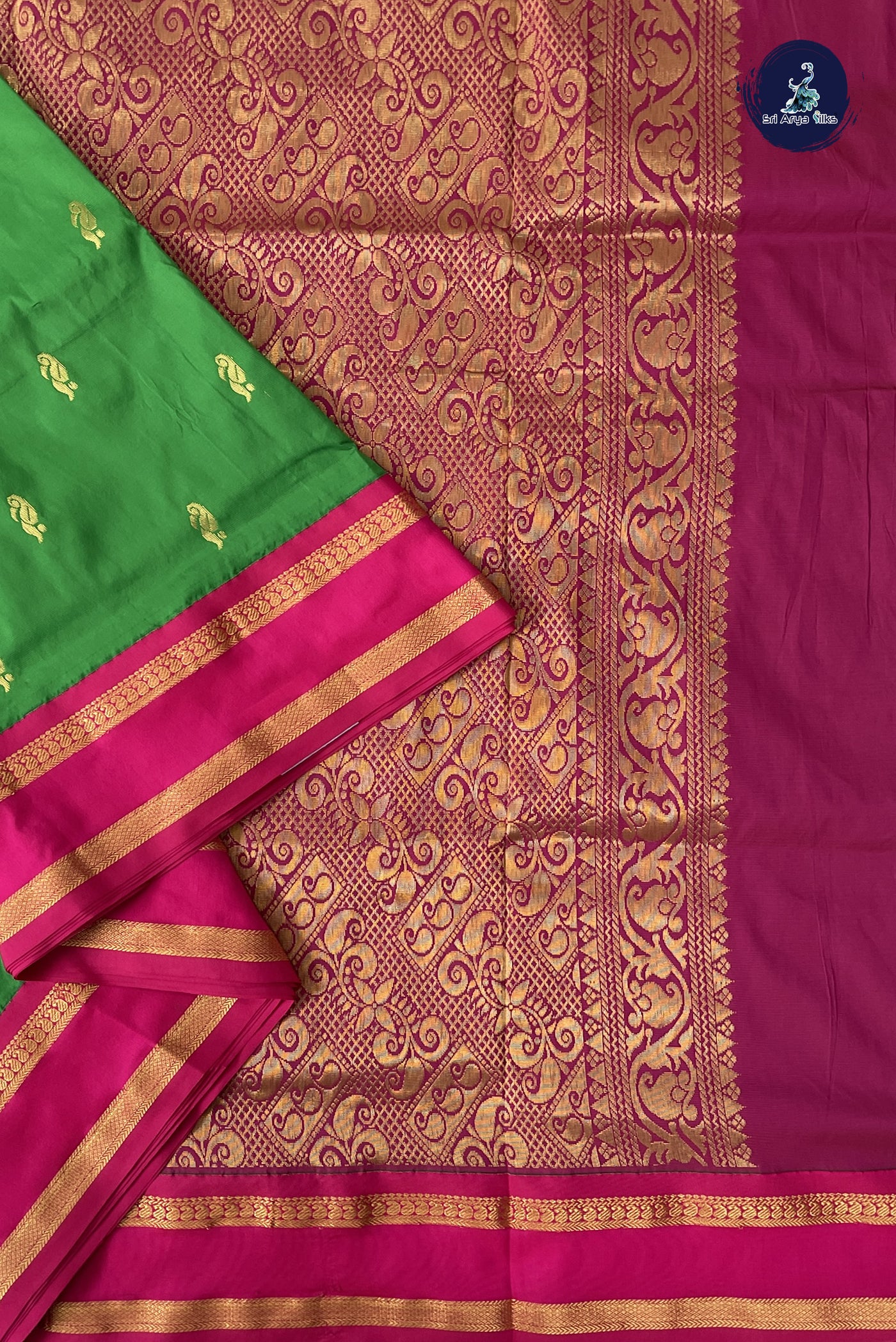 Parrot Green Madisar Semi Silk Saree With Zari Buttas Pattern