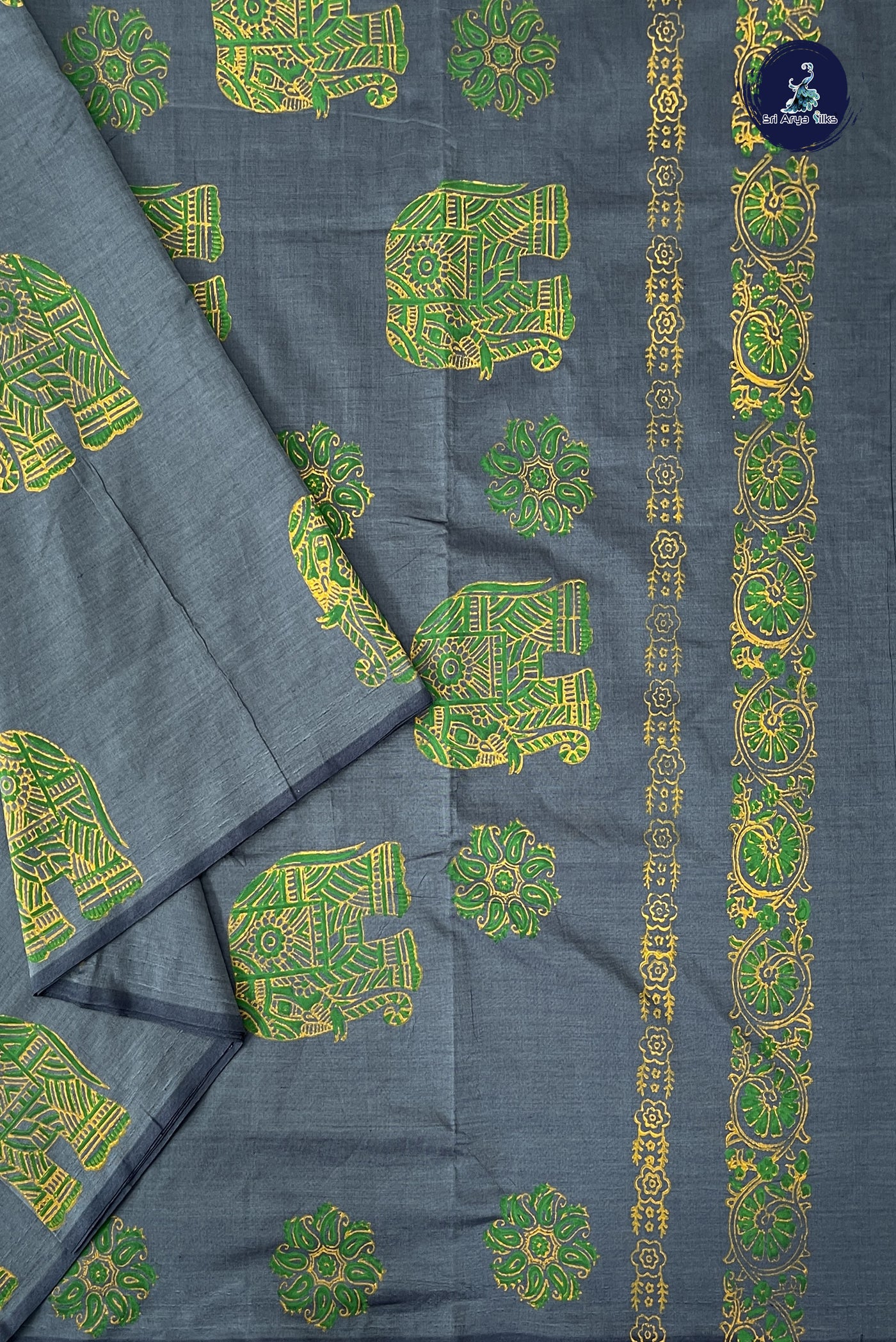 Grey Madisar Semi Silk Cotton Saree With Printed Pattern