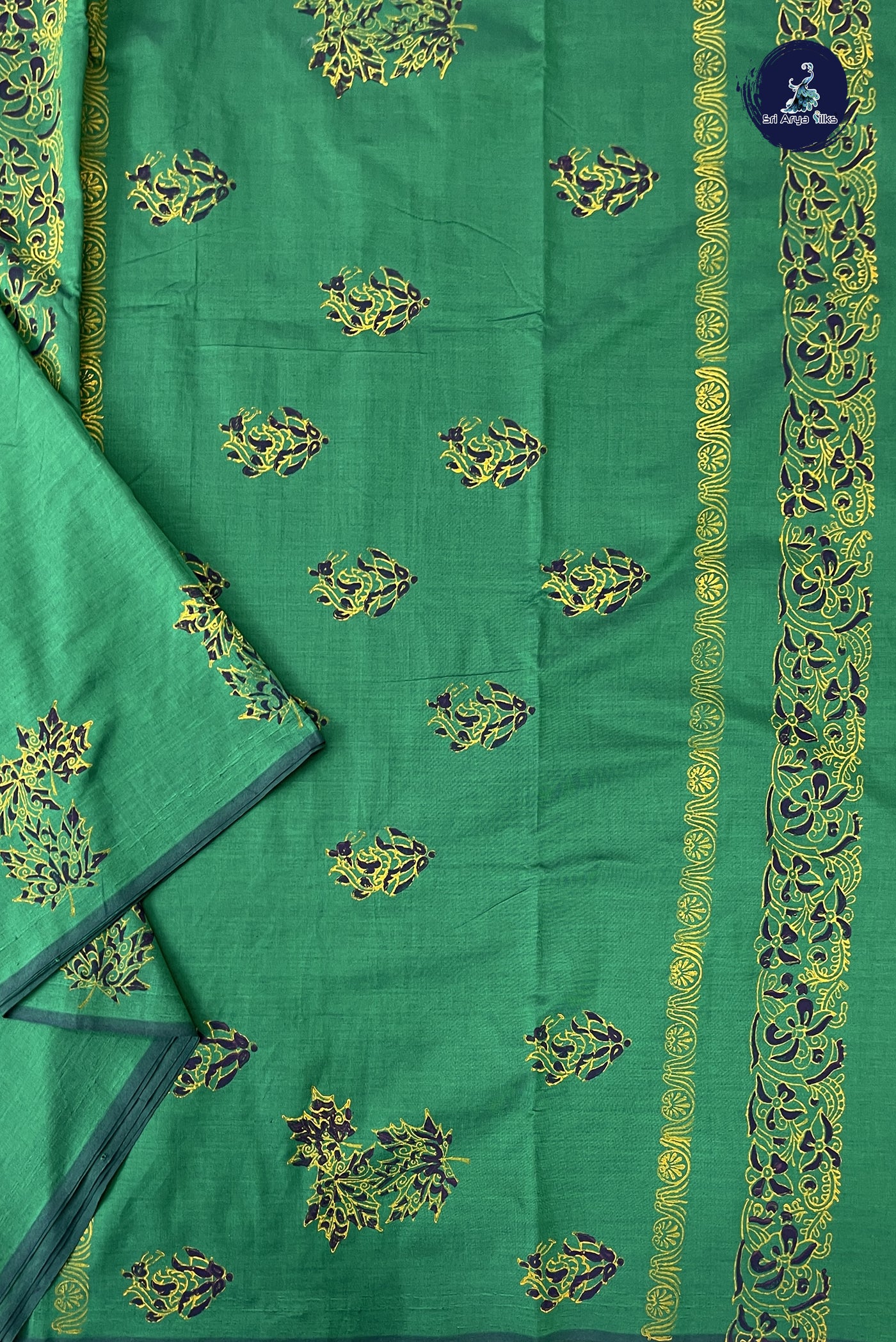 Dark Green Madisar Semi Silk Cotton Saree With Printed Pattern