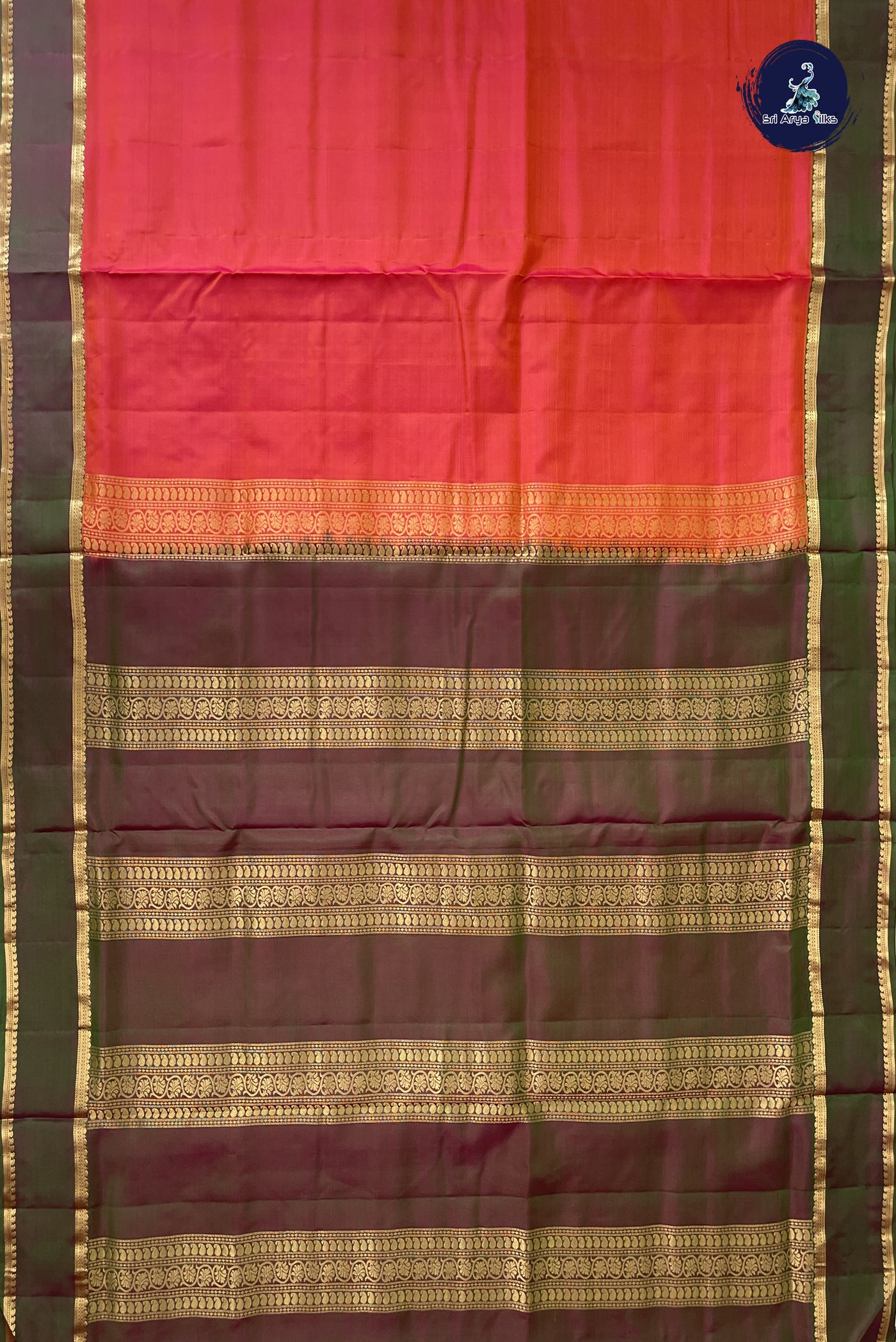 Orangish Pink Madisar 10 Yards Silk Saree With Plain Pattern