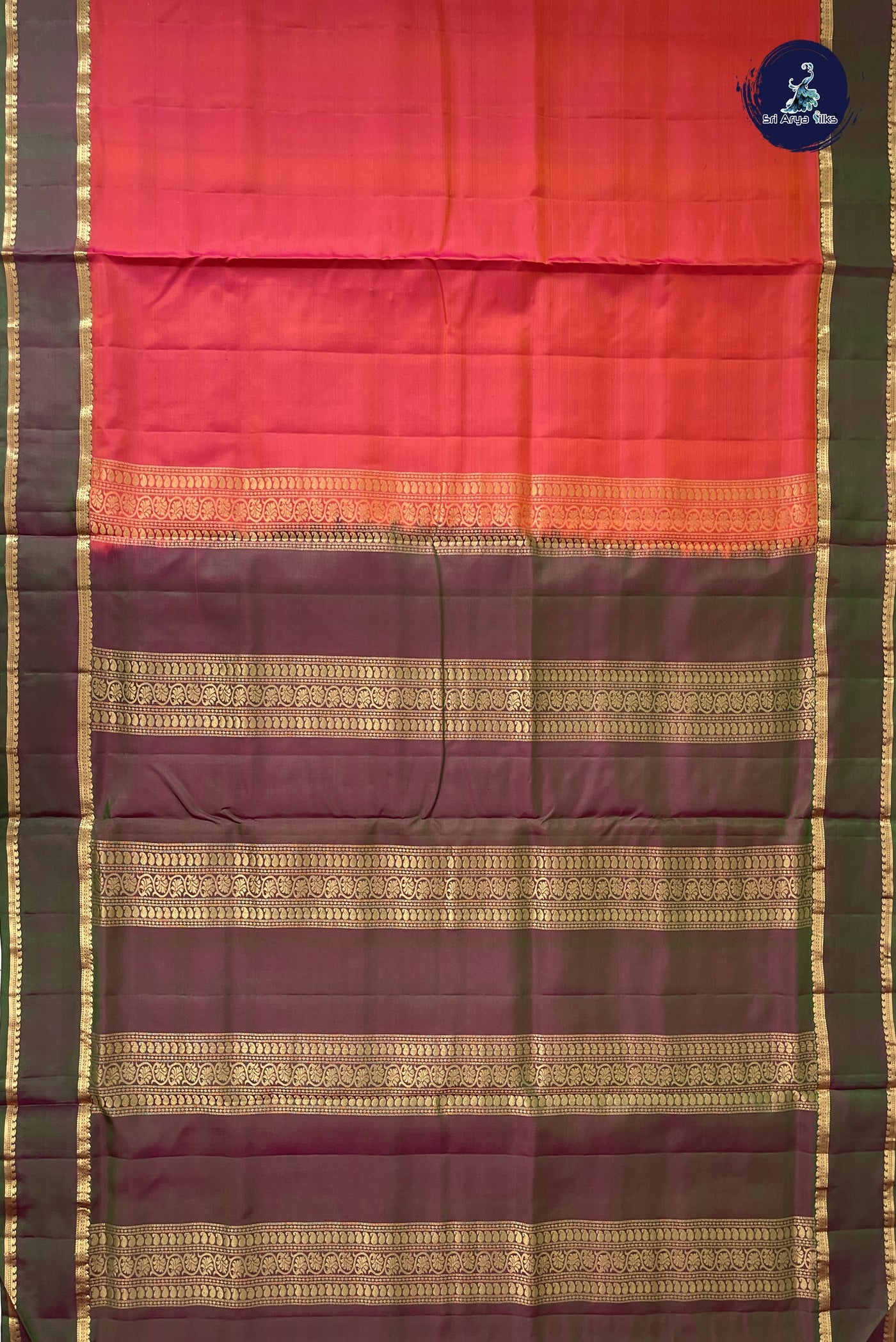 Orangish Pink Madisar 10 Yards Silk Saree With Plain Pattern