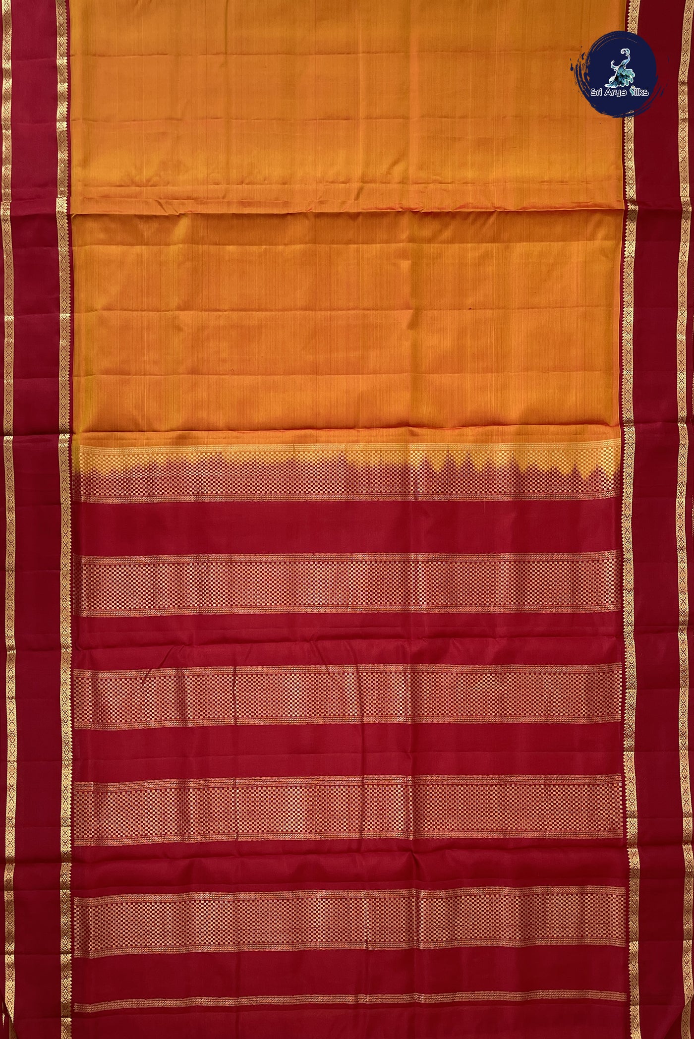Lite Mustard Orange Madisar 10 Yards Silk Saree With Plain Pattern
