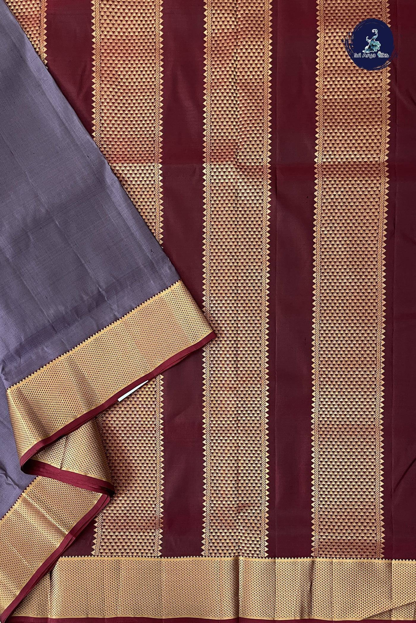 Mauve Grey Madisar 10 Yards Silk Saree With Plain Pattern