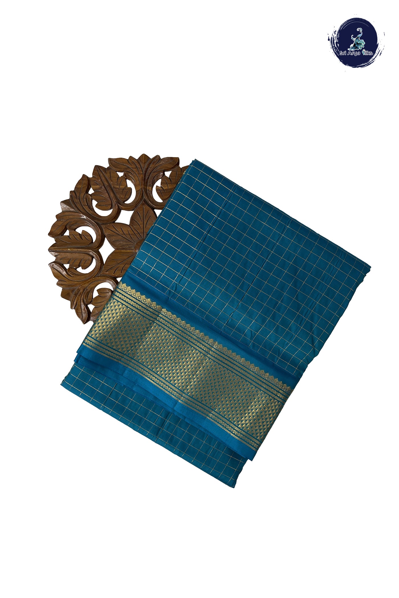 Teal Madisar 10 Yards Silk Saree With Zari Checked Pattern