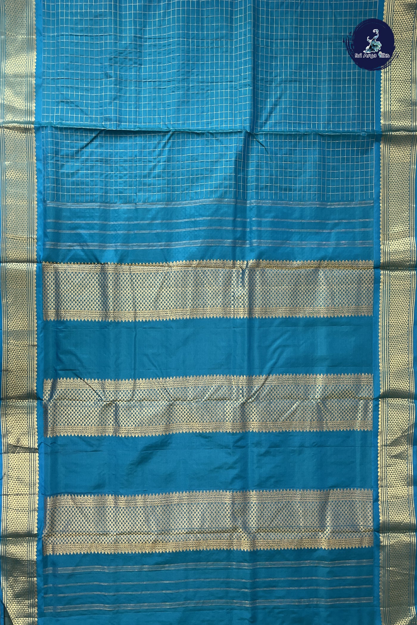 Teal Madisar 10 Yards Silk Saree With Zari Checked Pattern