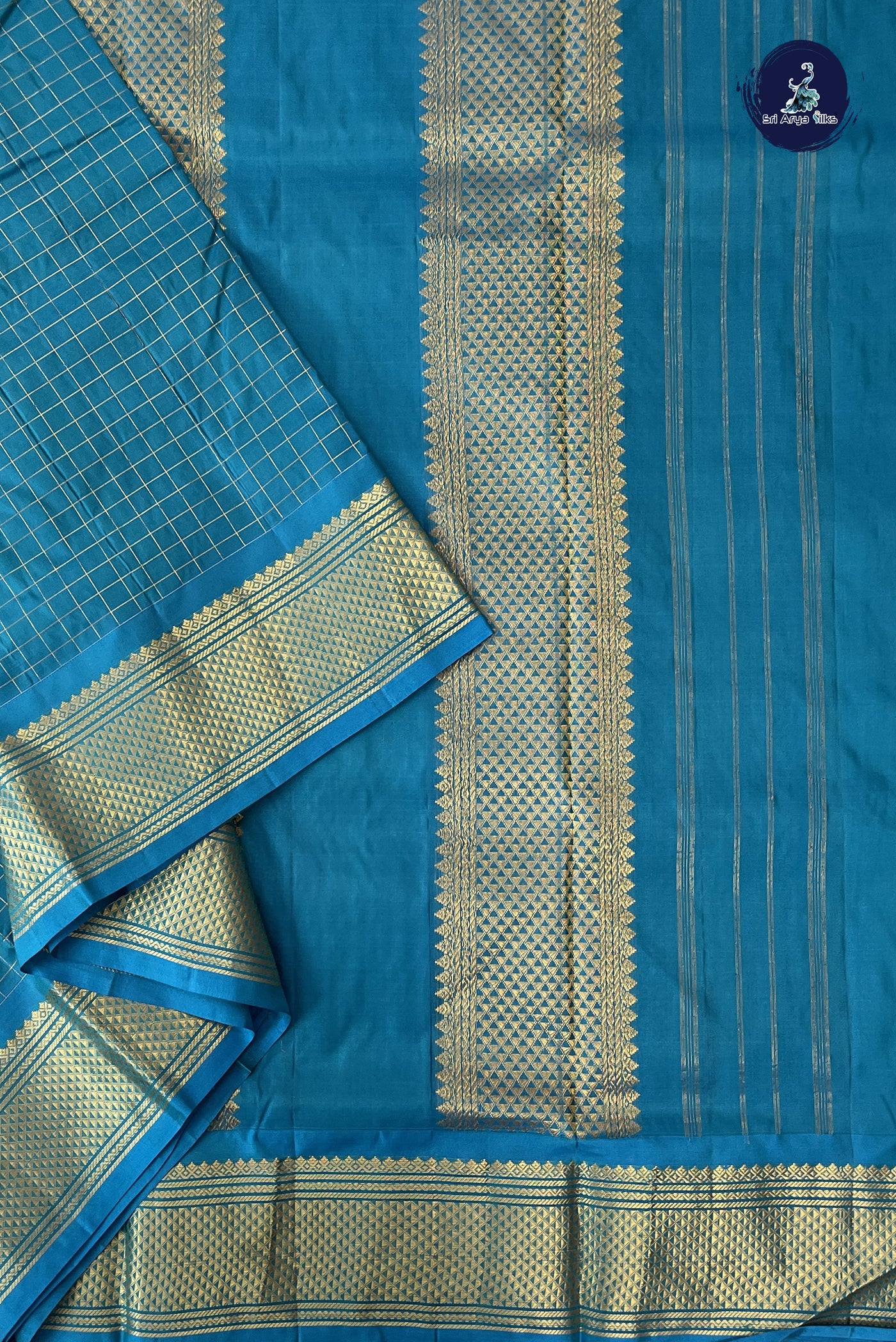 Teal Madisar 10 Yards Silk Saree With Zari Checked Pattern