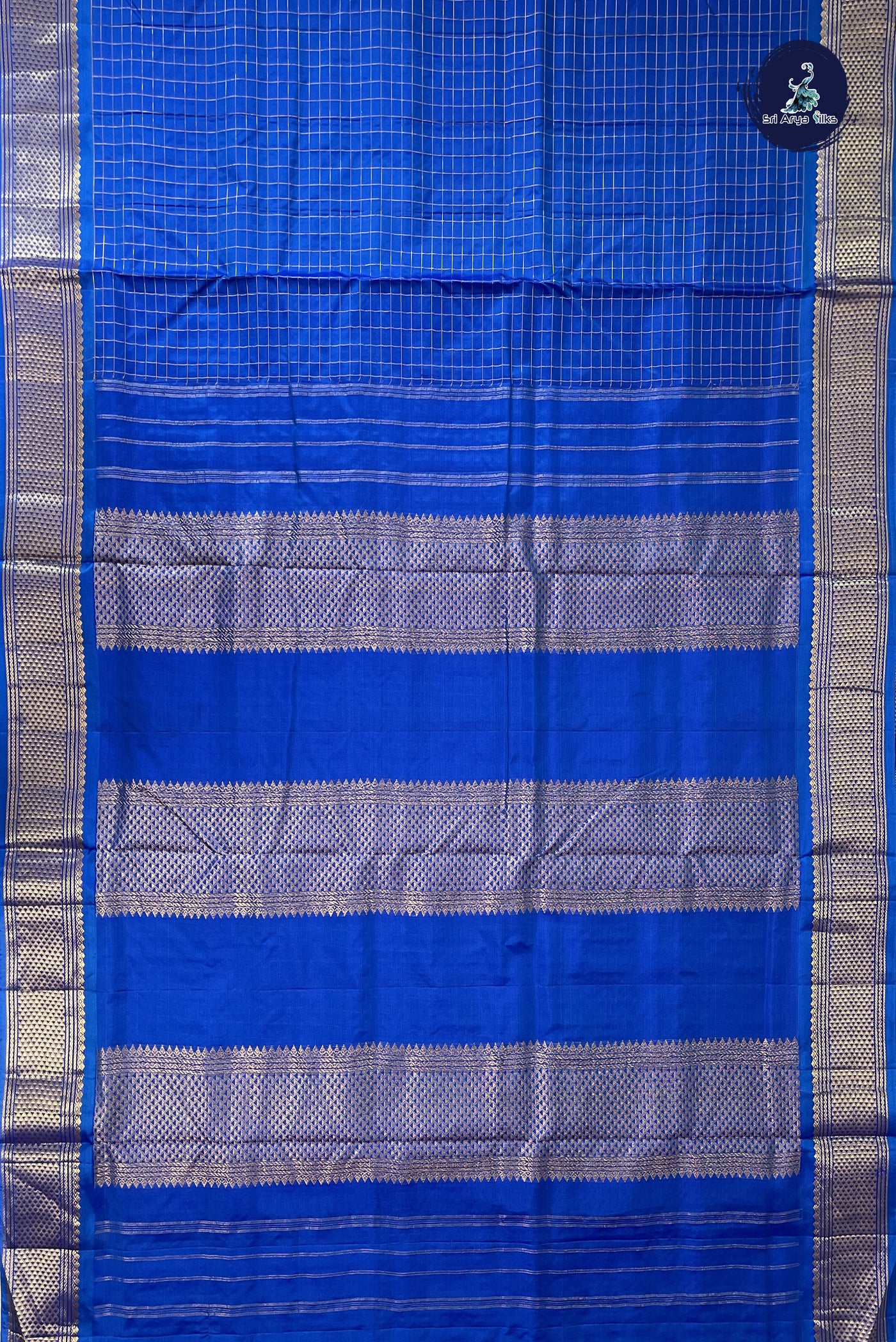 Blue Madisar 10 Yards Silk Saree With Zari Checked Pattern