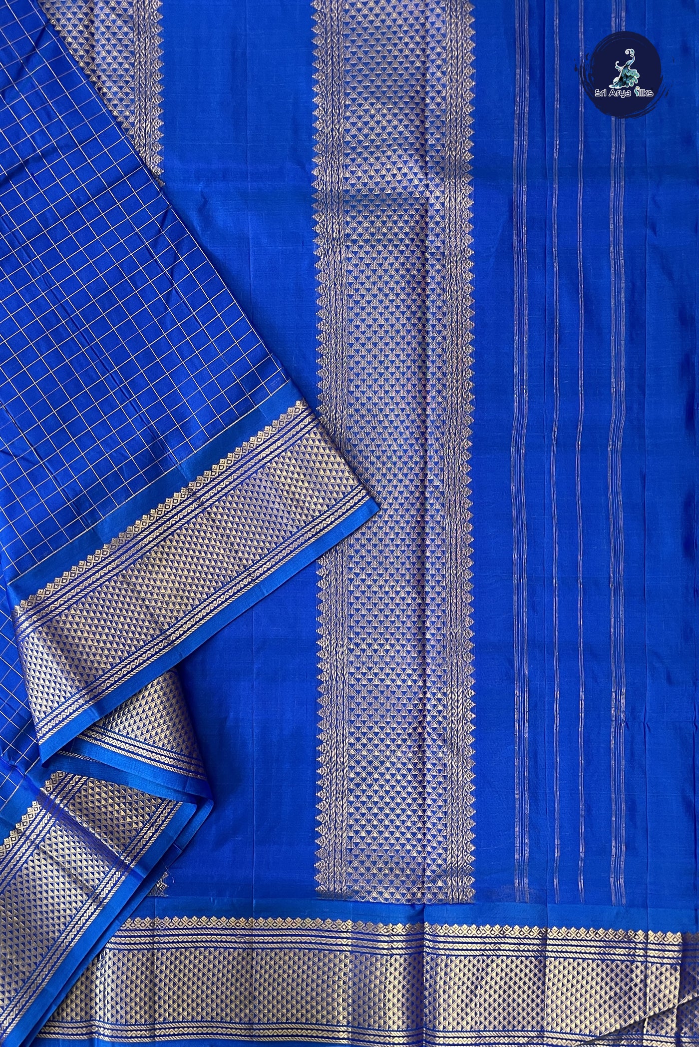 Blue Madisar 10 Yards Silk Saree With Zari Checked Pattern