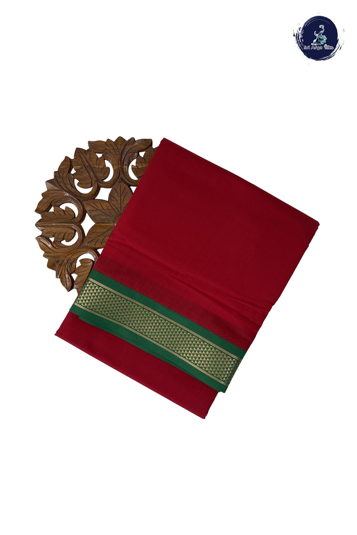 Red Madisar Semi Silk Cotton Saree With Plain Pattern