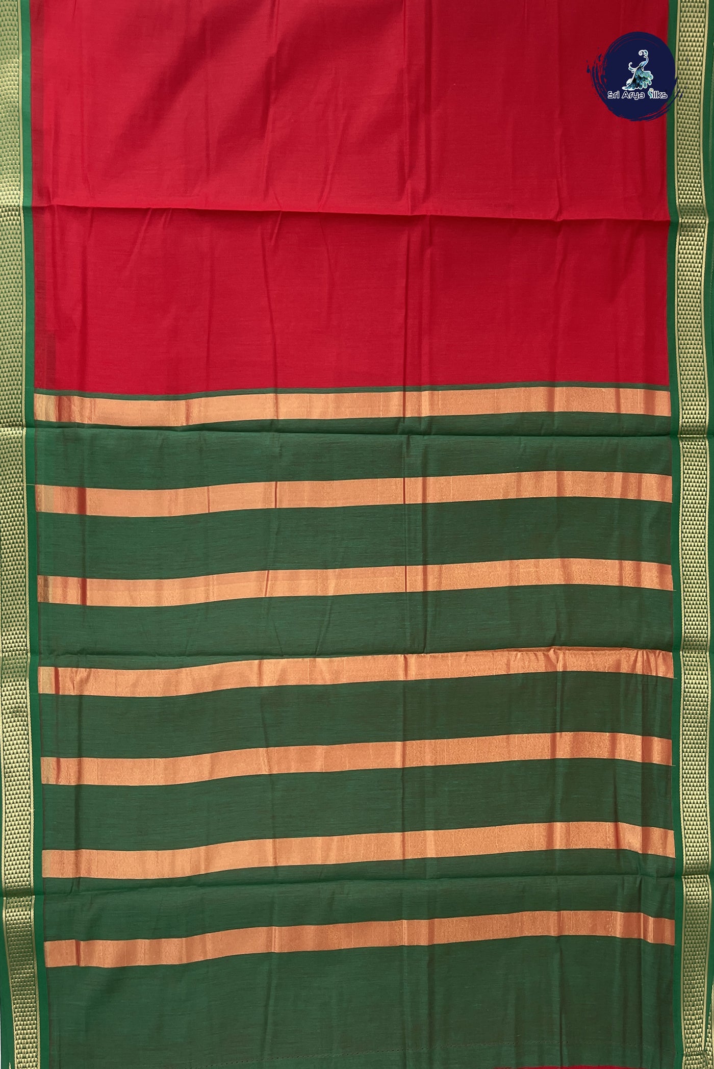 Red Madisar Semi Silk Cotton Saree With Plain Pattern