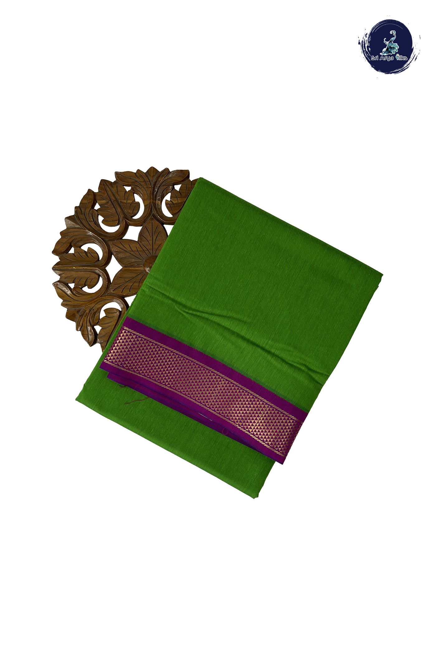 Parrot Green Madisar Semi Silk Cotton Saree With Plain Pattern