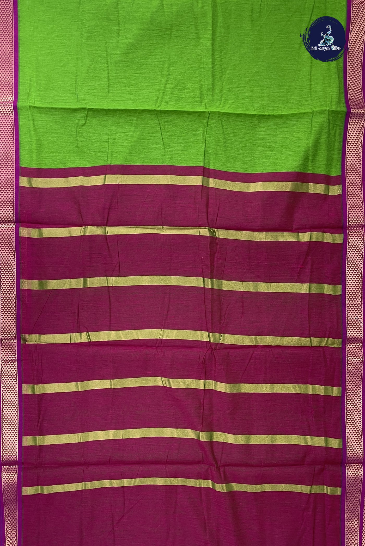 Parrot Green Madisar Semi Silk Cotton Saree With Plain Pattern