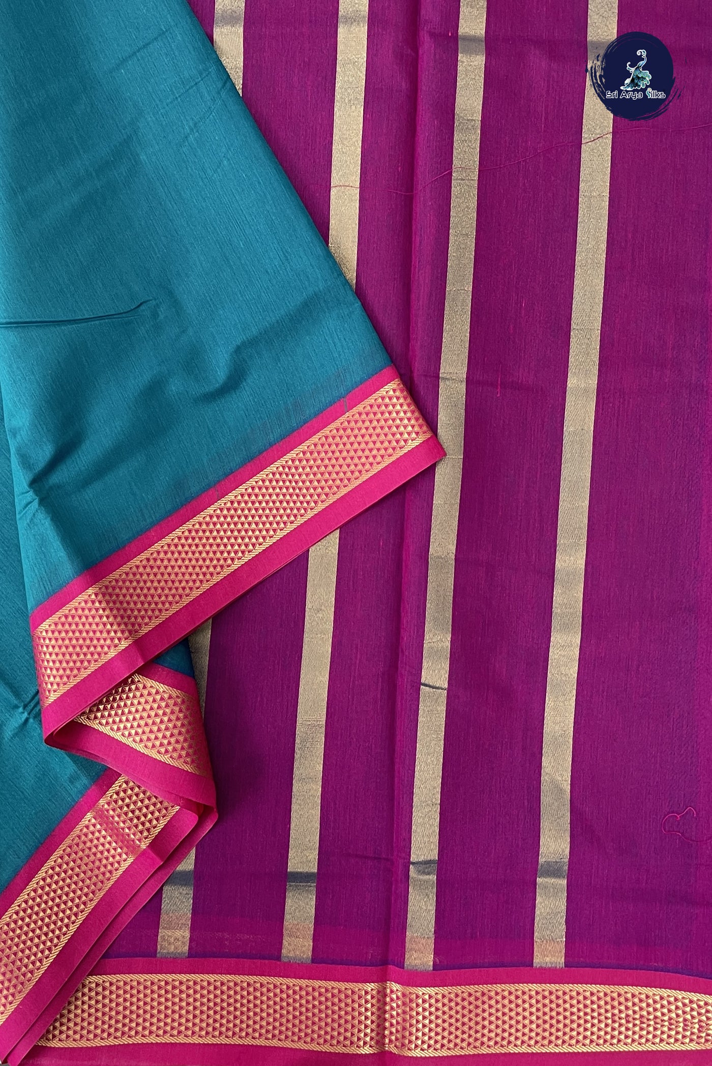 Sapphire Green Madisar Semi Silk Cotton Saree With Plain Pattern