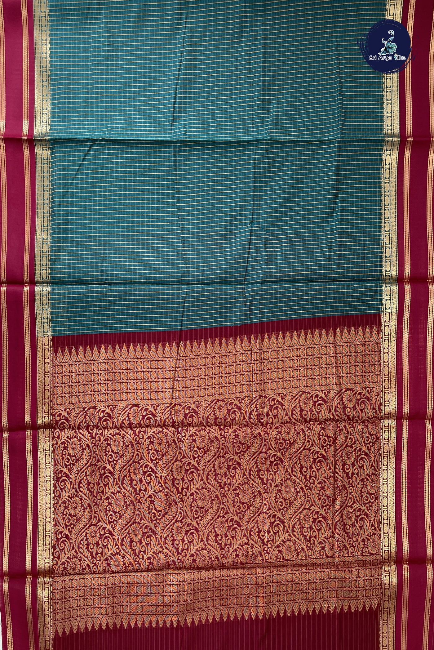 Sapphire Green Madisar Semi Silk Cotton Saree With Checked Pattern