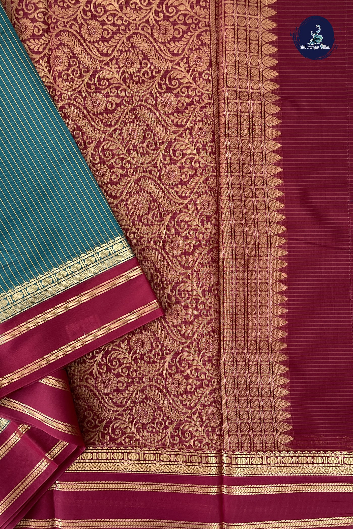 Sapphire Green Madisar Semi Silk Cotton Saree With Checked Pattern