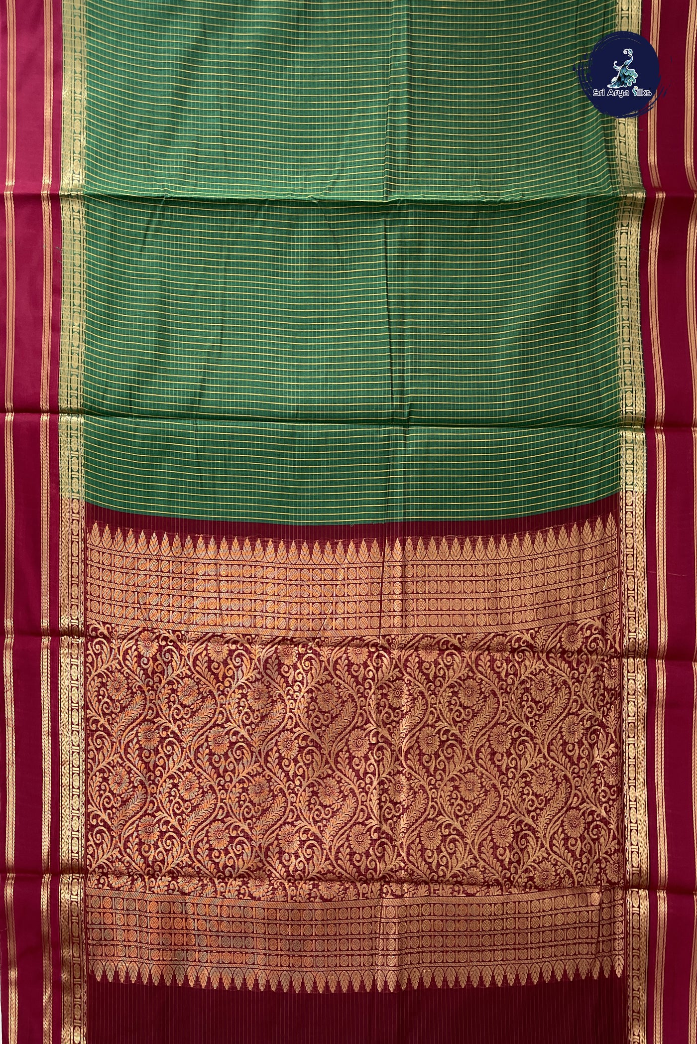 Dark Green Madisar Semi Silk Cotton Saree With Checked Pattern